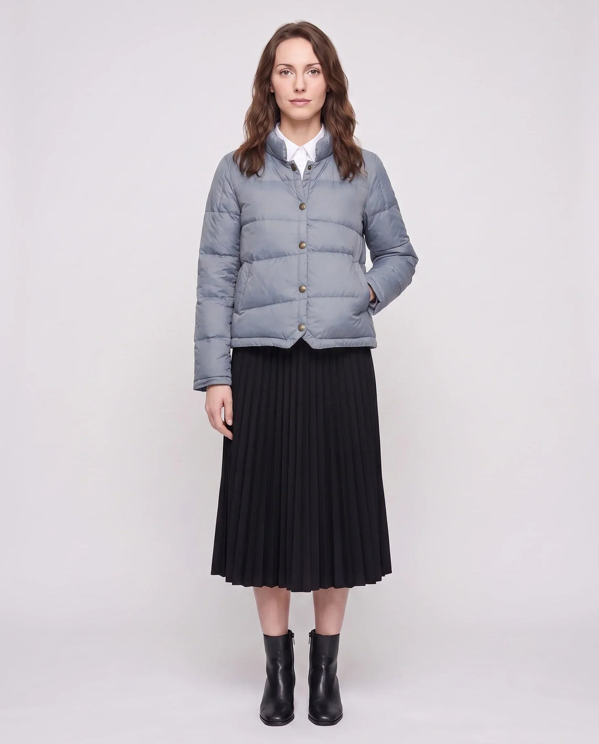 Short Lightweight Puffer Jacket with Brass Poppers