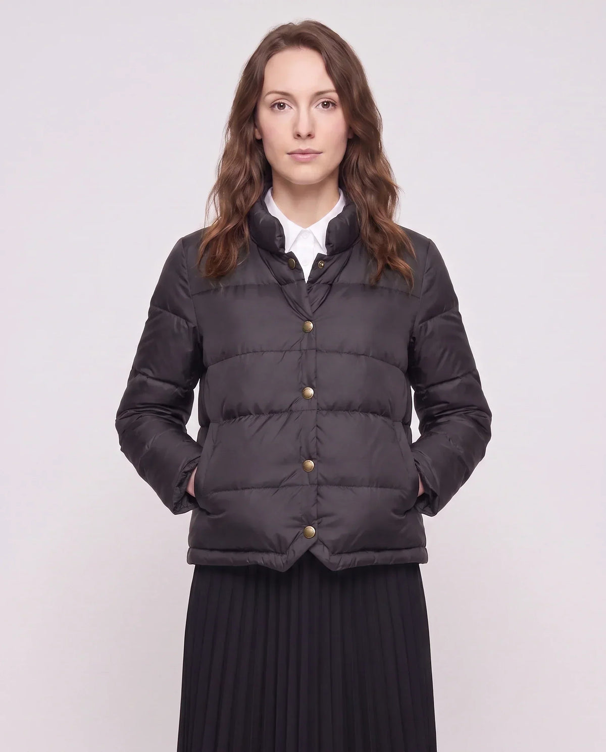 Short Lightweight Puffer Jacket with Brass Poppers