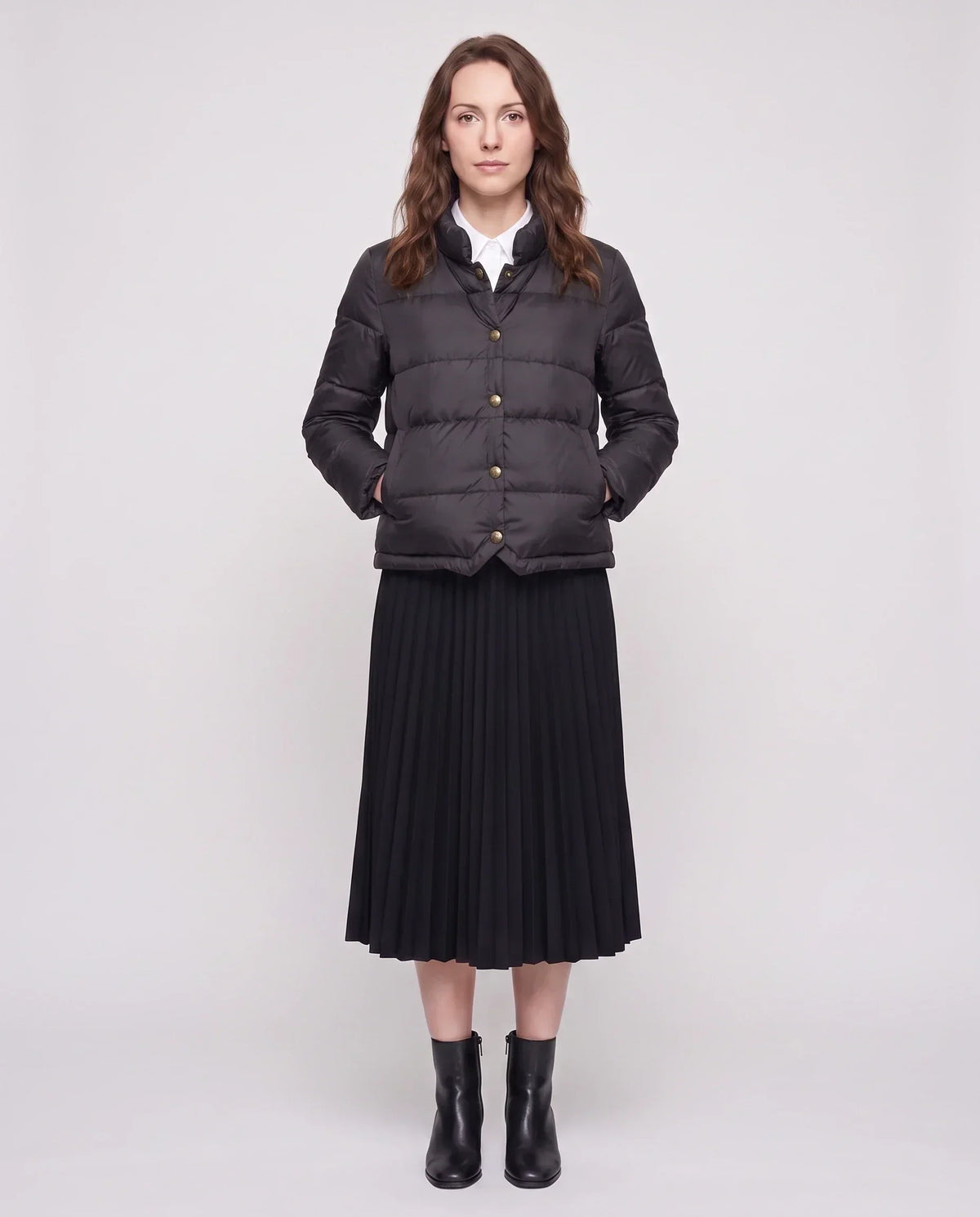 Short Lightweight Puffer Jacket with Brass Poppers