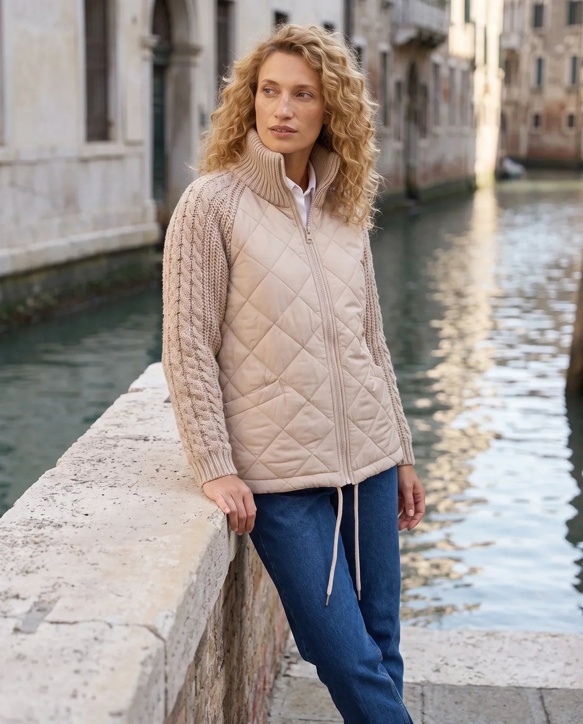 Short Quilted Jacket with Knitted Sleeves