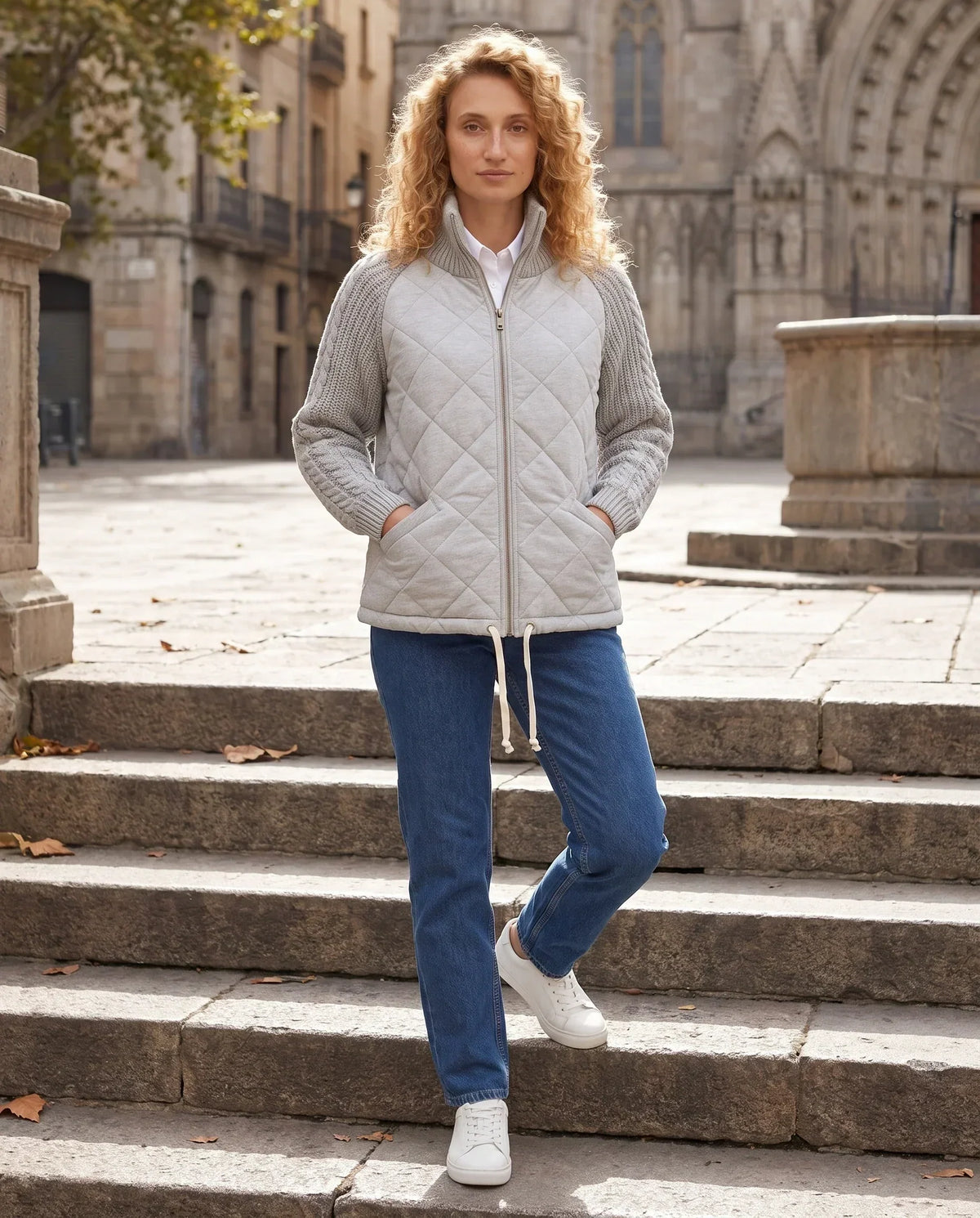 Short Quilted Jacket with Knitted Sleeves