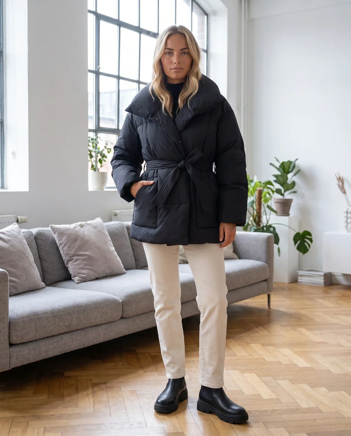 Oversized Mid-Thigh Puffer Jacket with Shawl Collar and Belt