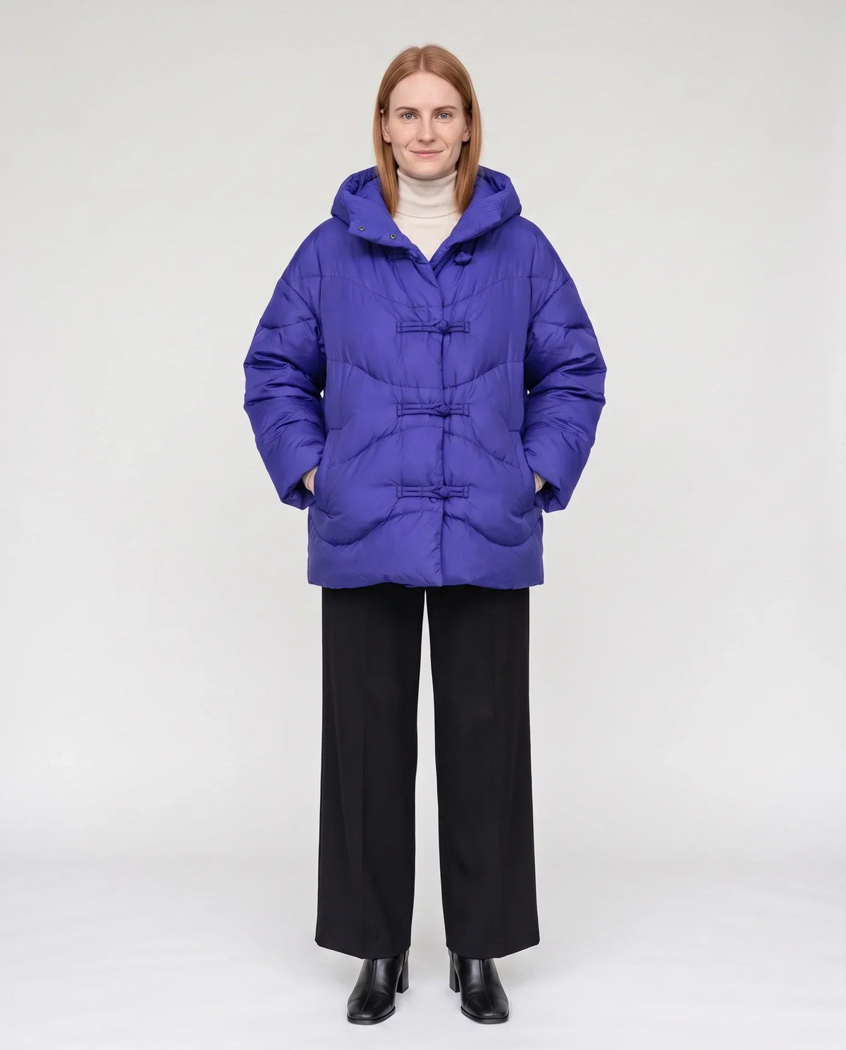 Short Oversized Hooded Puffer Jacket with Frog Fastenings
