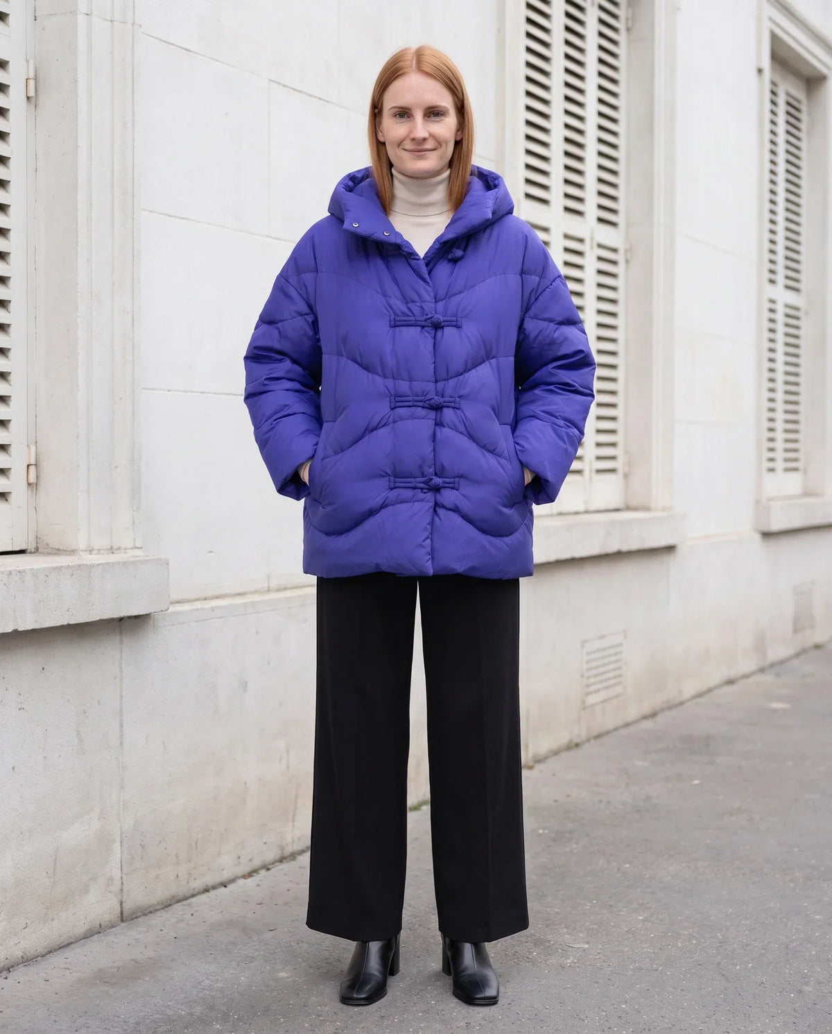 Short Oversized Hooded Puffer Jacket with Frog Fastenings