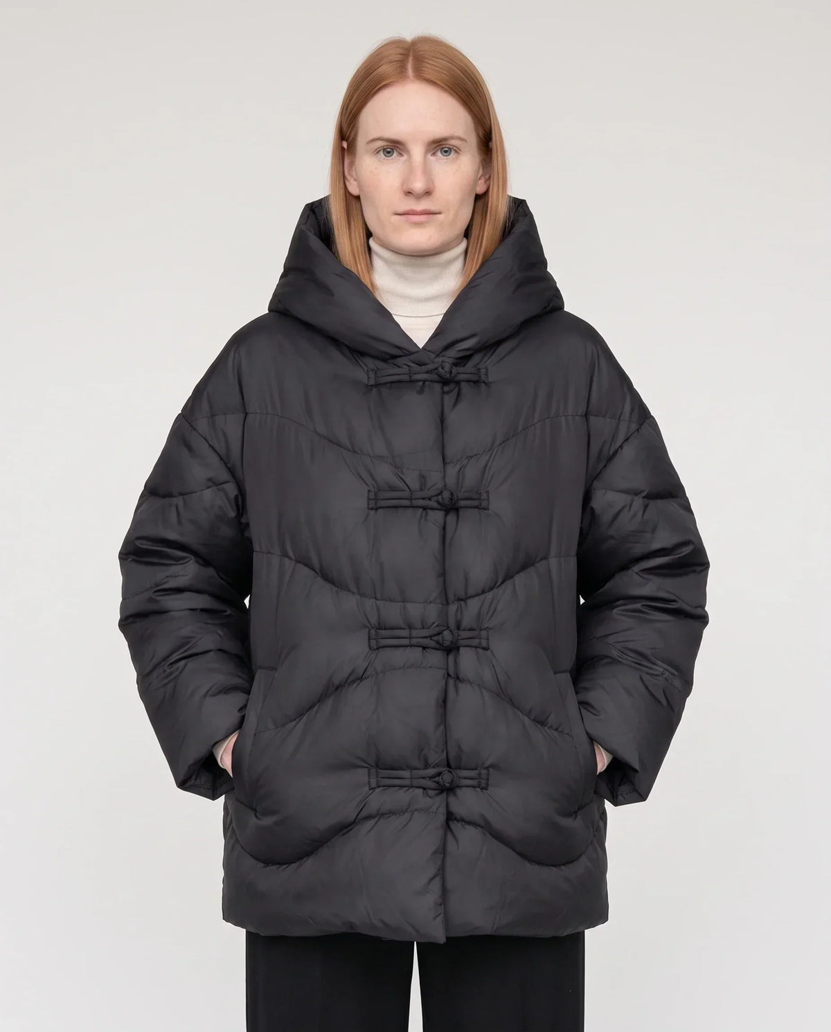 Short Oversized Hooded Puffer Jacket with Frog Fastenings