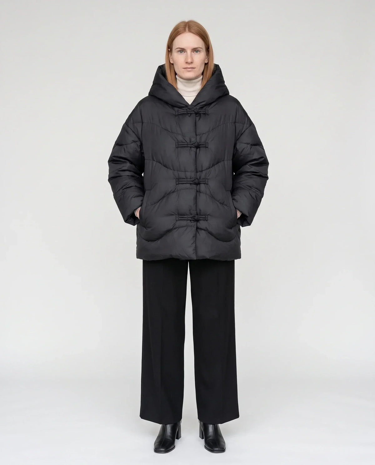 Short Oversized Hooded Puffer Jacket with Frog Fastenings