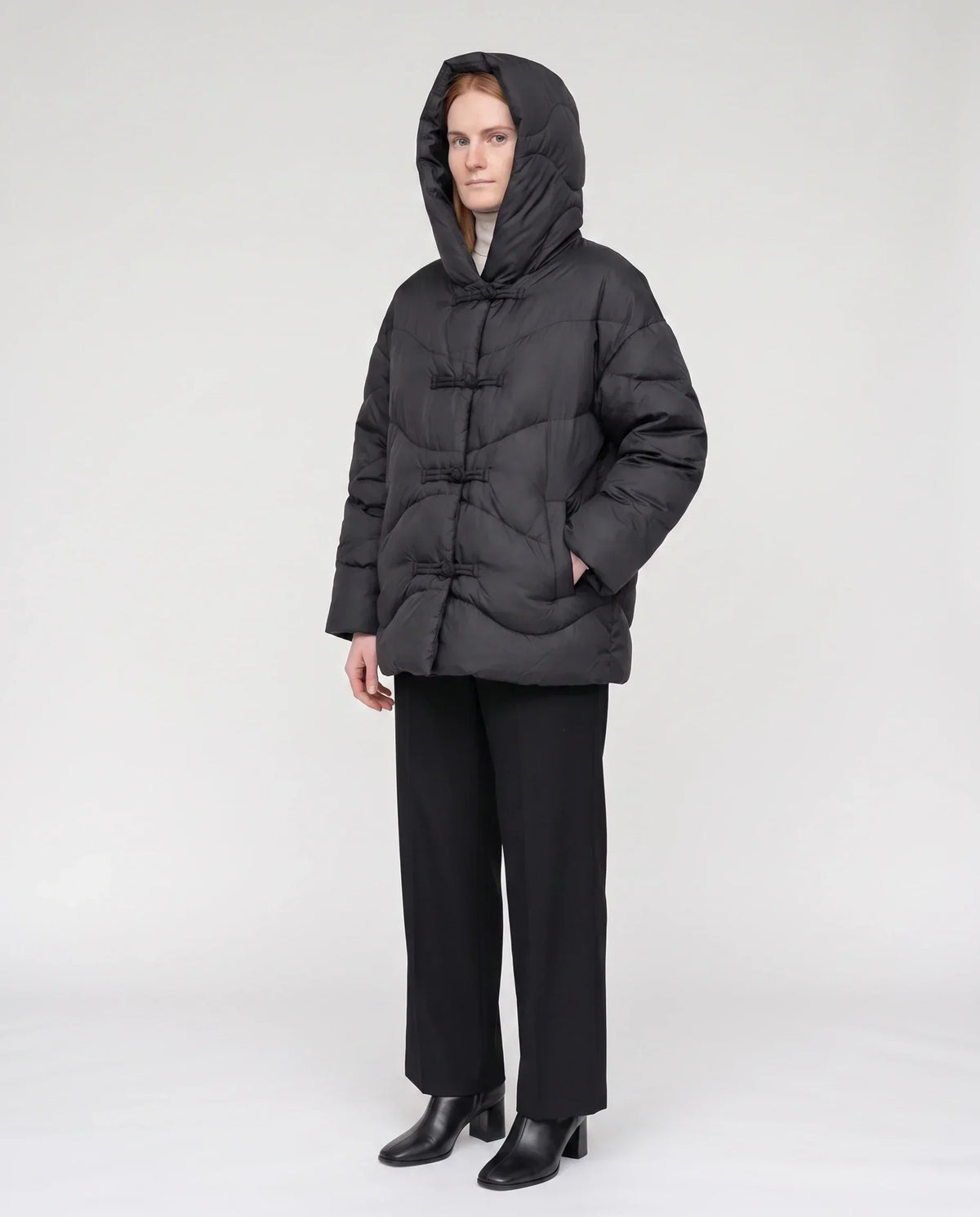 Short Oversized Hooded Puffer Jacket with Frog Fastenings
