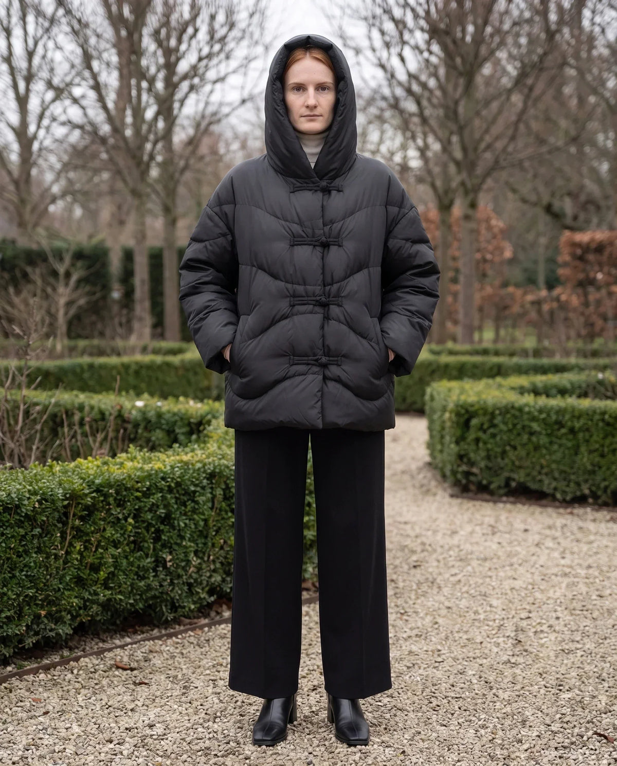 Short Oversized Hooded Puffer Jacket with Frog Fastenings