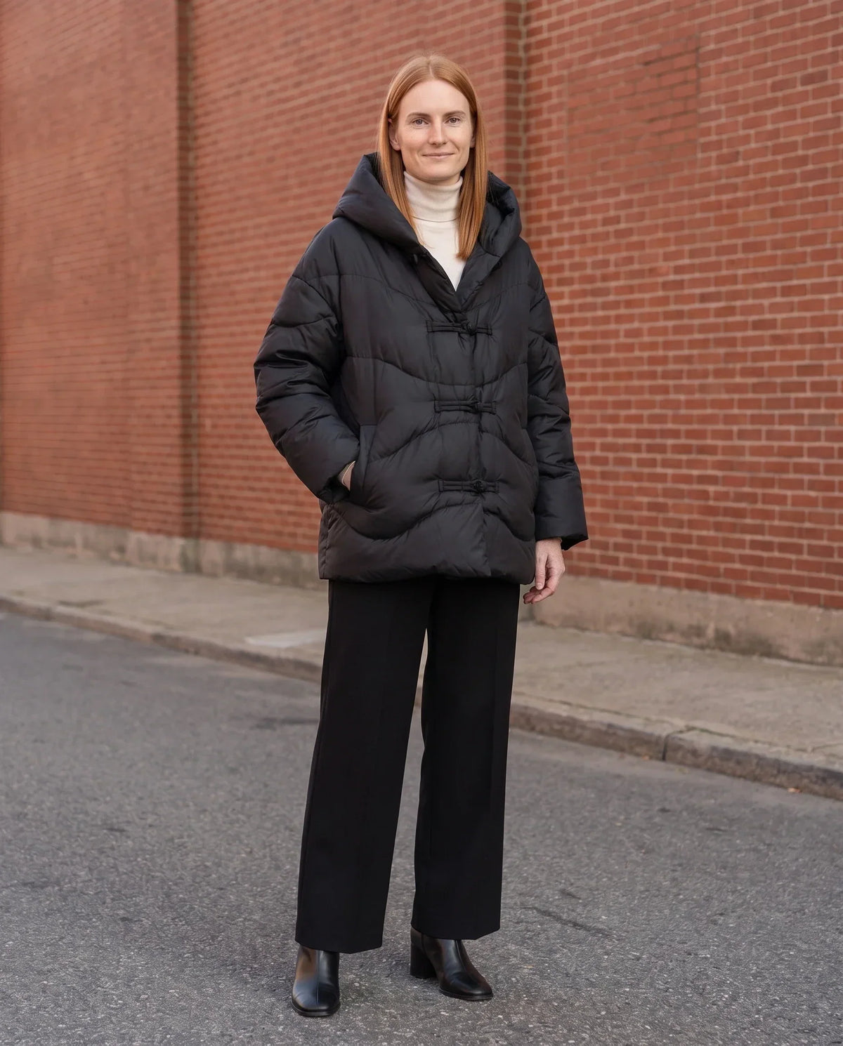 Short Oversized Hooded Puffer Jacket with Frog Fastenings