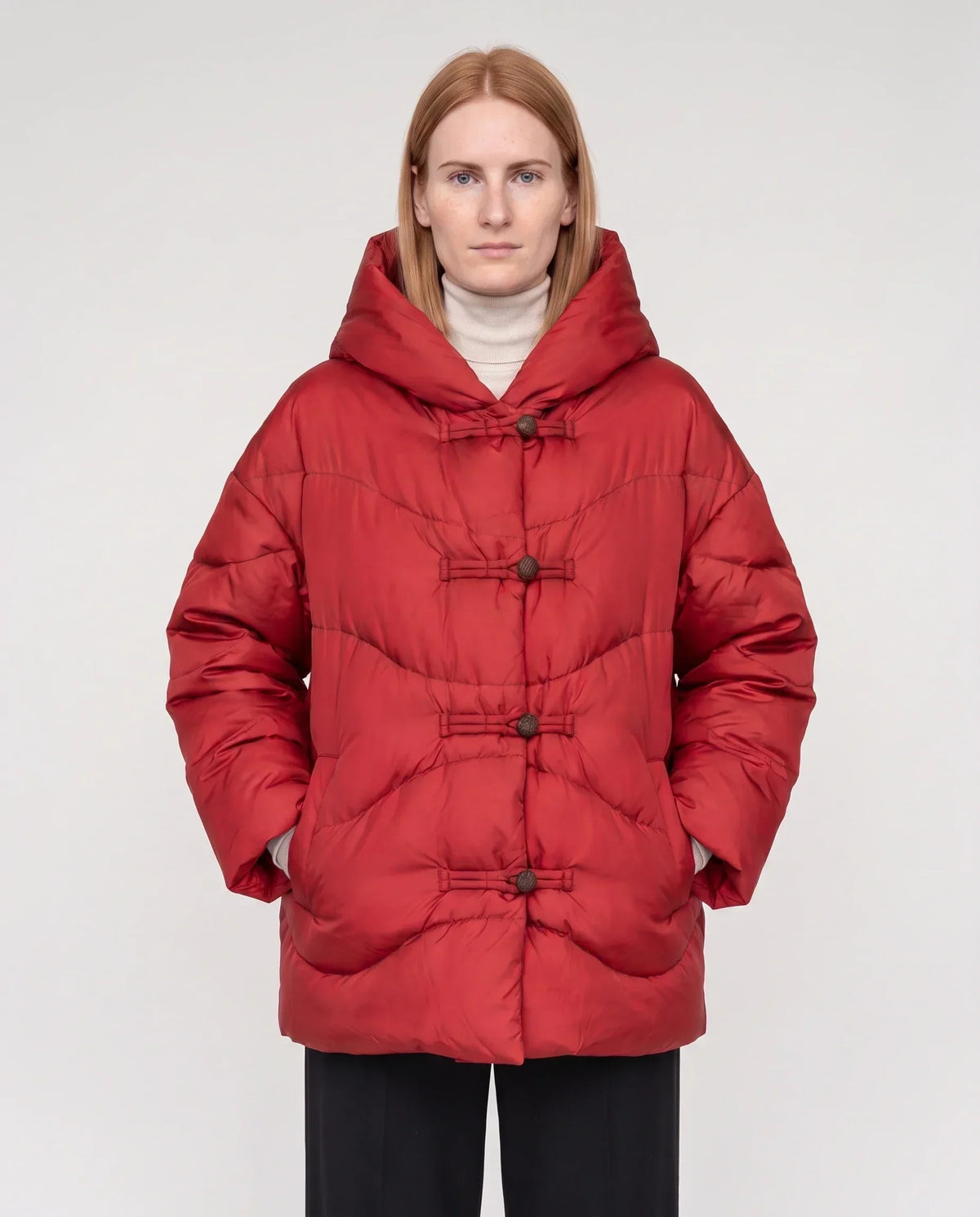 Short Oversized Hooded Puffer Jacket with Frog Fastenings
