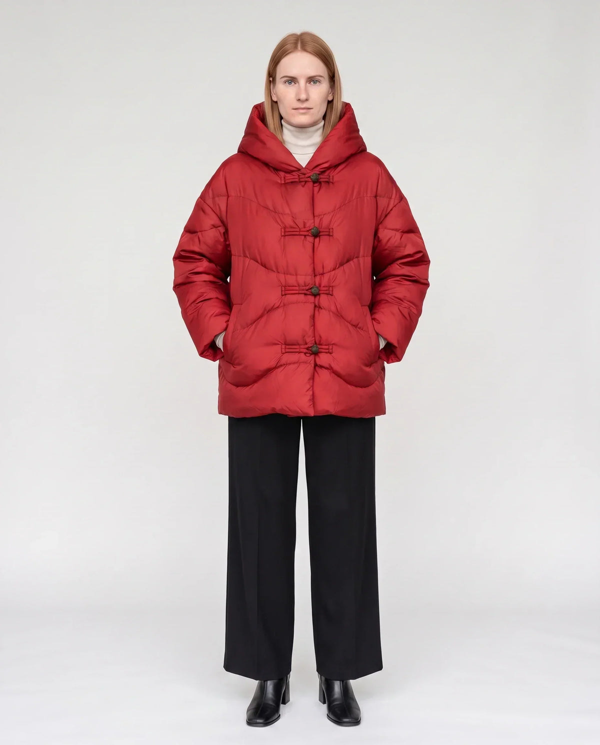 Short Oversized Hooded Puffer Jacket with Frog Fastenings
