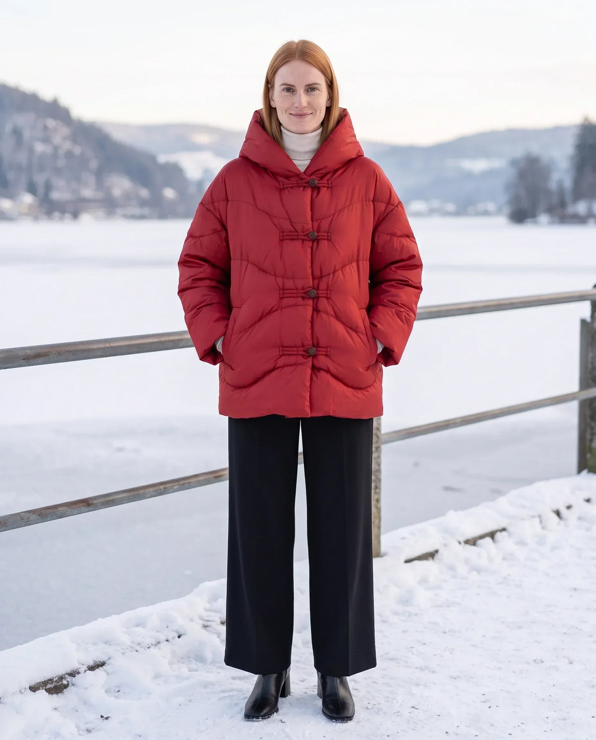 Short Oversized Hooded Puffer Jacket with Frog Fastenings