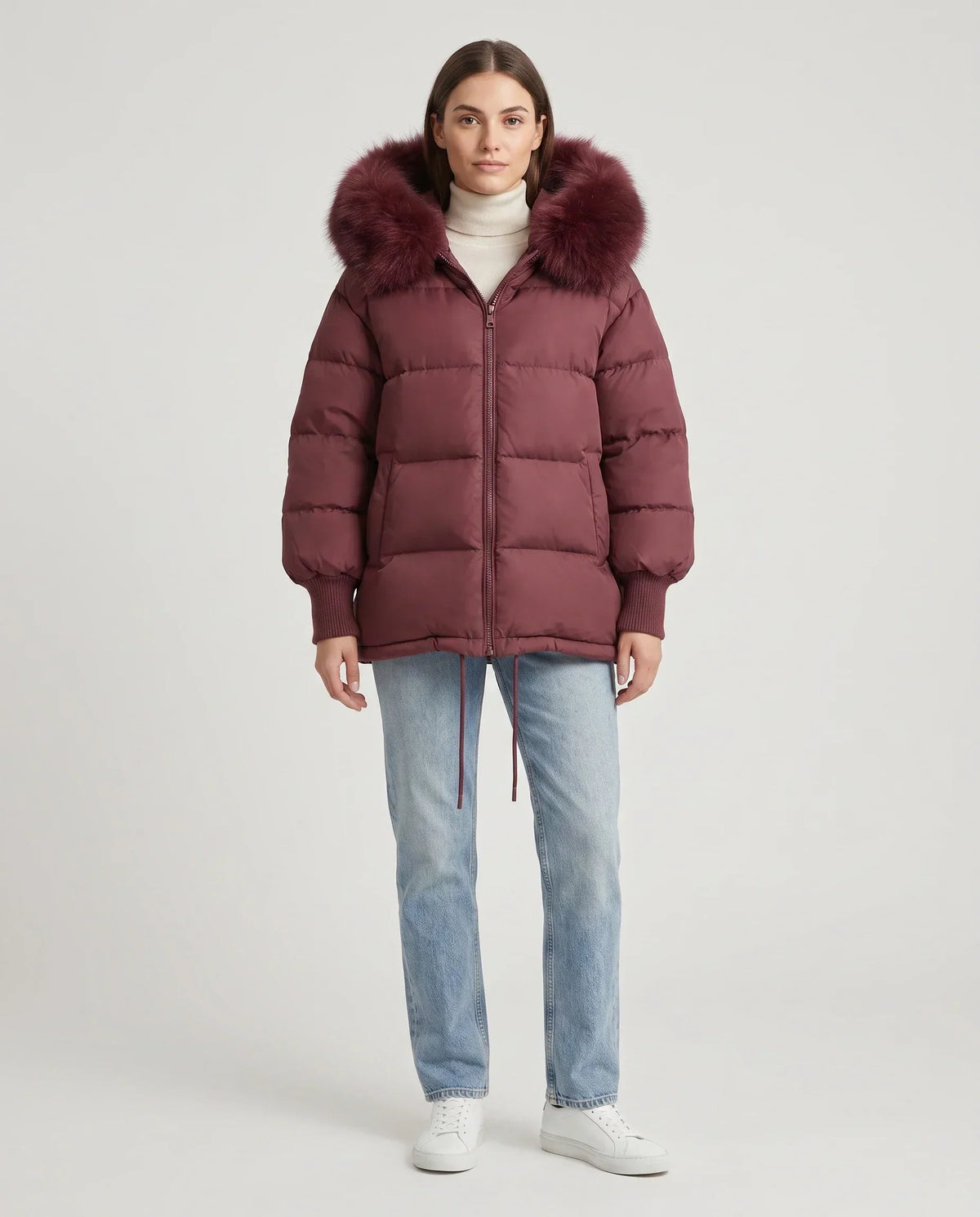 Short Oversized Puffer Jacket with Faux Fur Hood