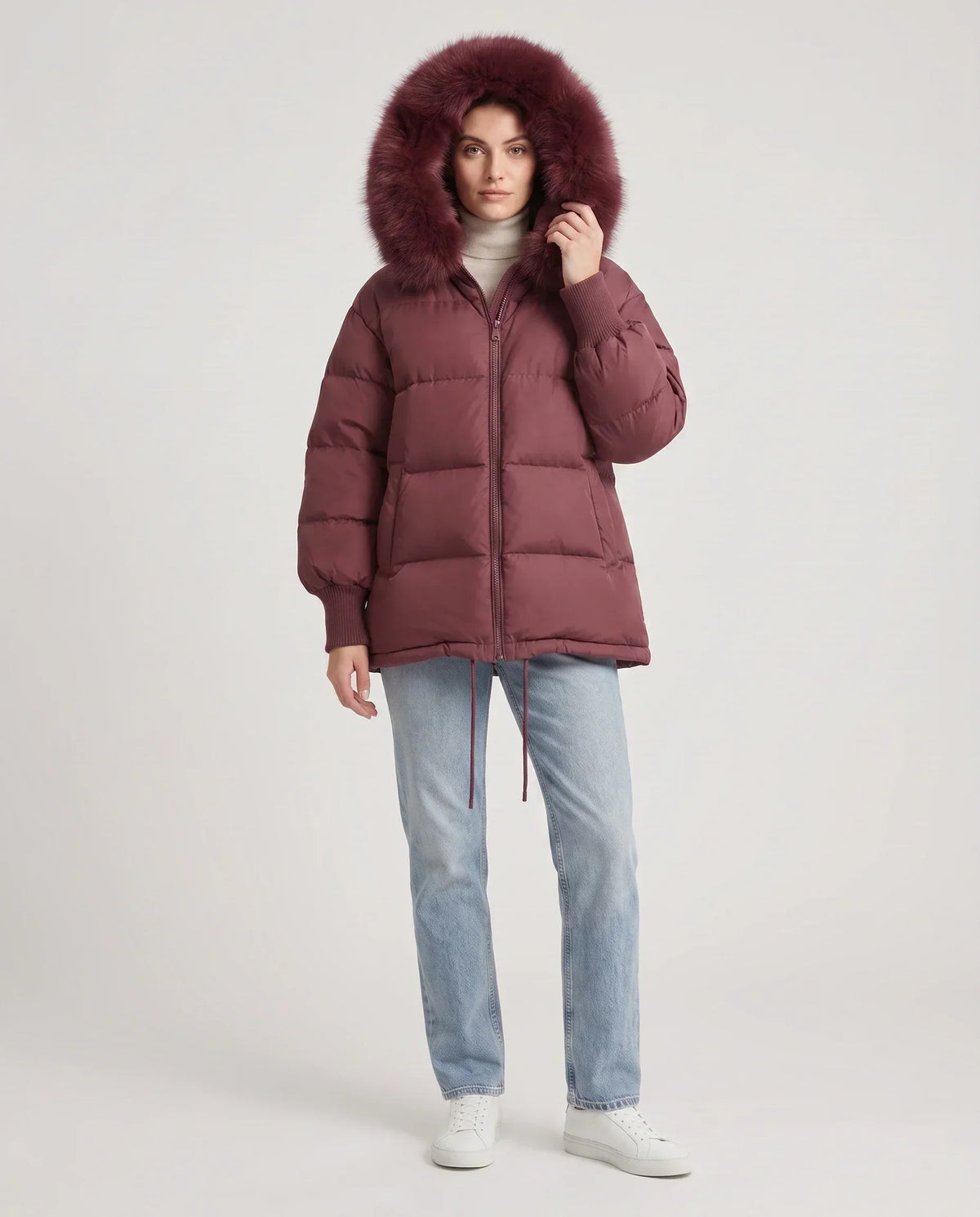 Short Oversized Puffer Jacket with Faux Fur Hood