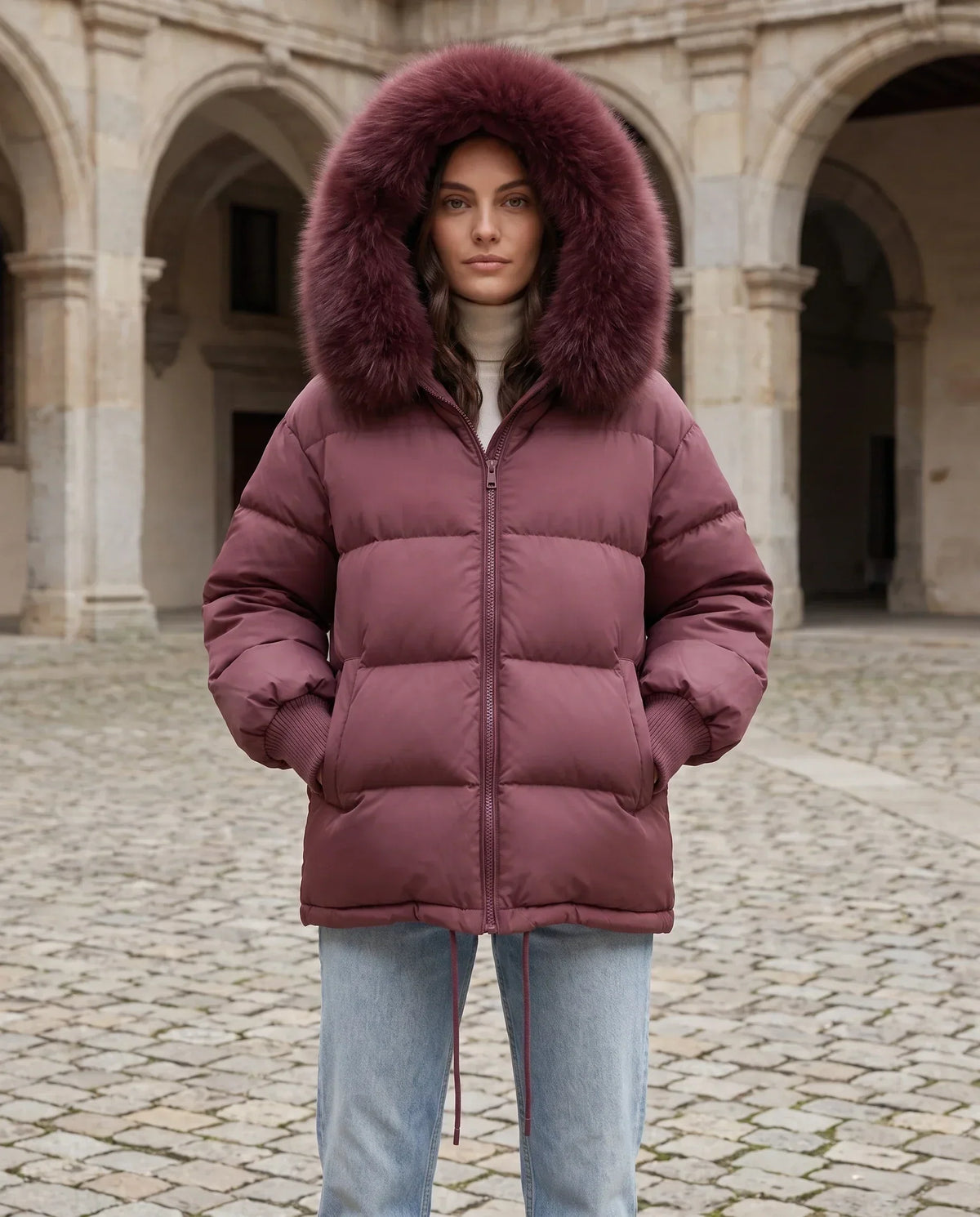 Short Oversized Puffer Jacket with Faux Fur Hood
