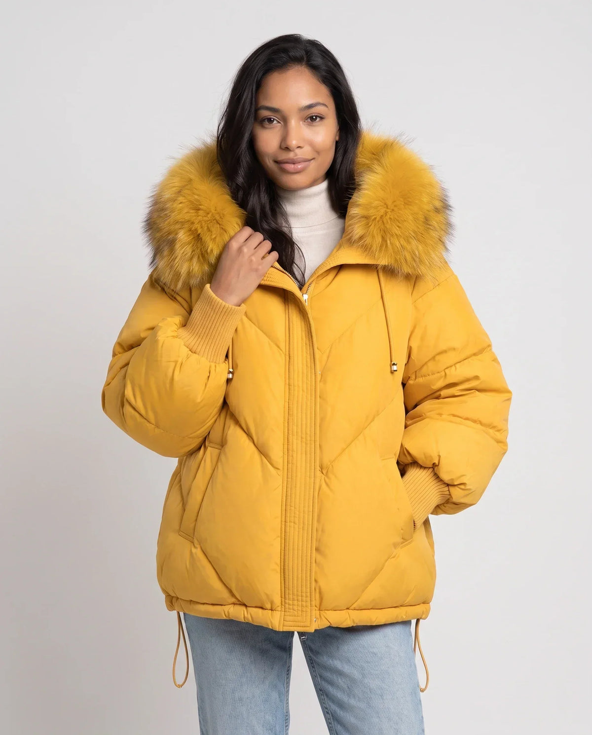 Short Oversized Puffer Jacket with Faux Fur Hood