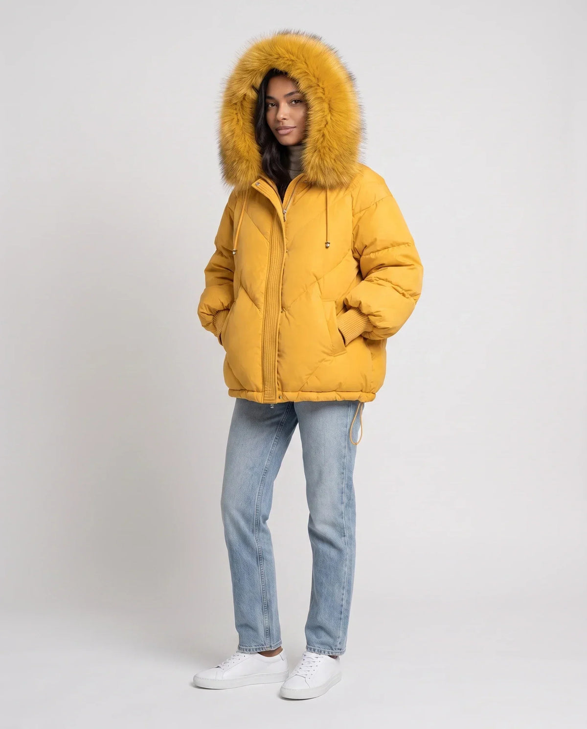 Short Oversized Puffer Jacket with Faux Fur Hood