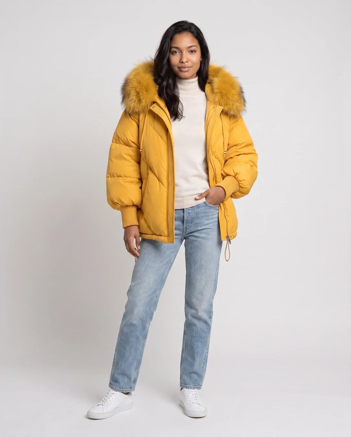 Short Oversized Puffer Jacket with Faux Fur Hood