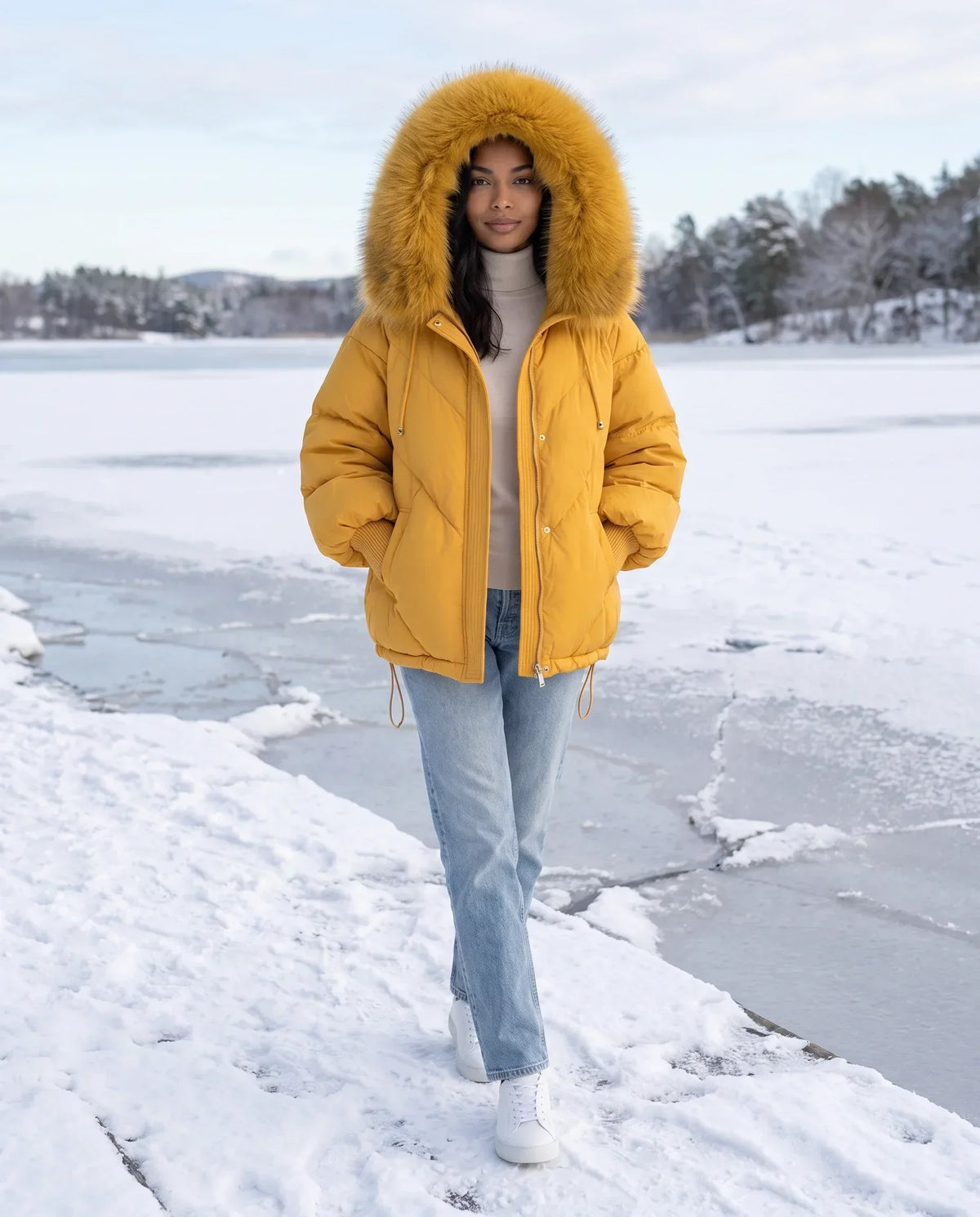 Short Oversized Puffer Jacket with Faux Fur Hood