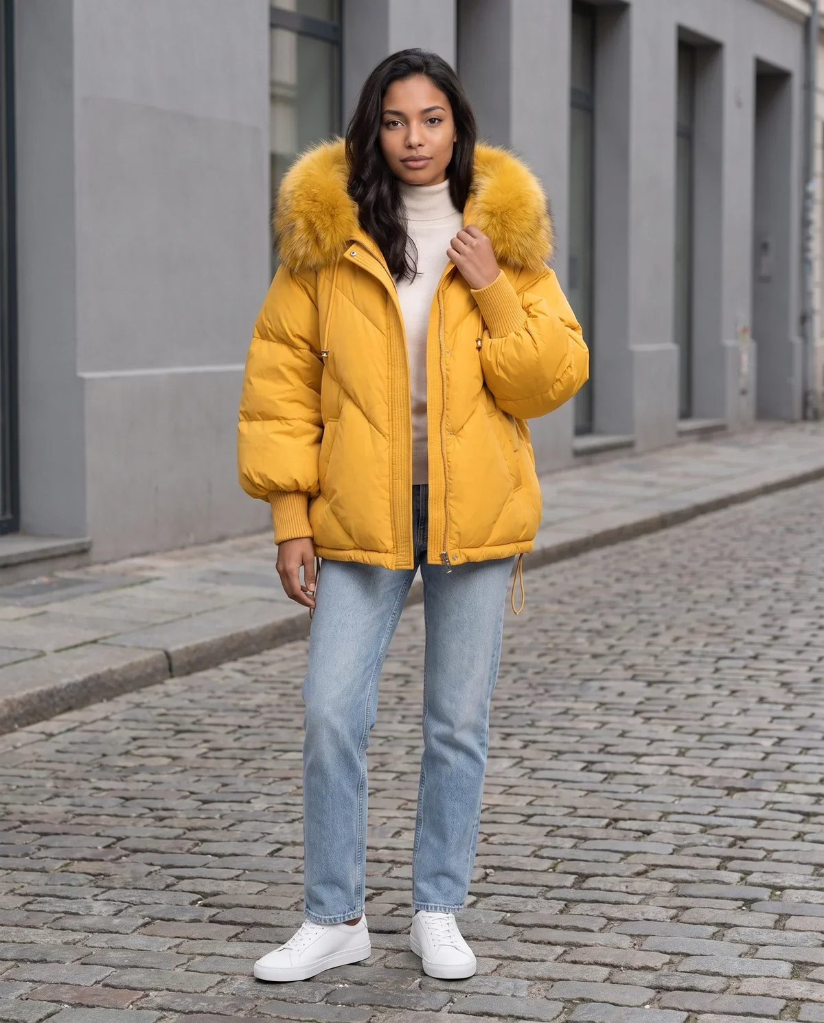 Short Oversized Puffer Jacket with Faux Fur Hood