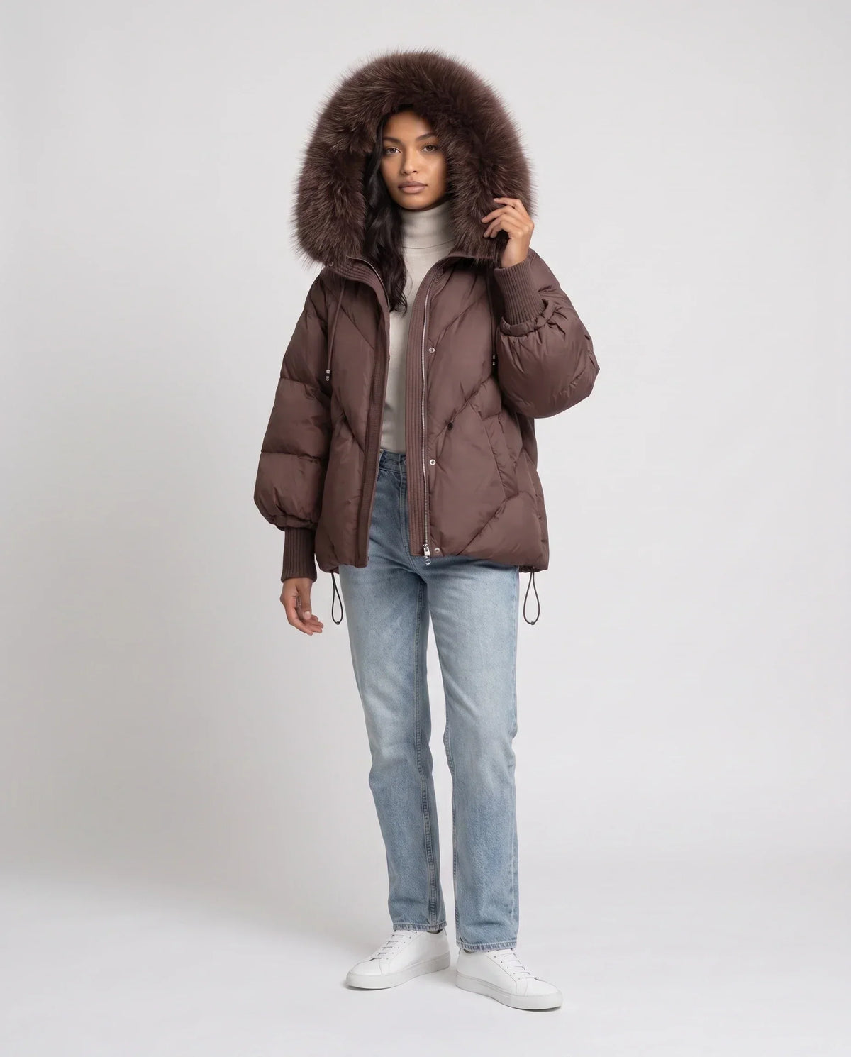 Short Oversized Puffer Jacket with Faux Fur Hood