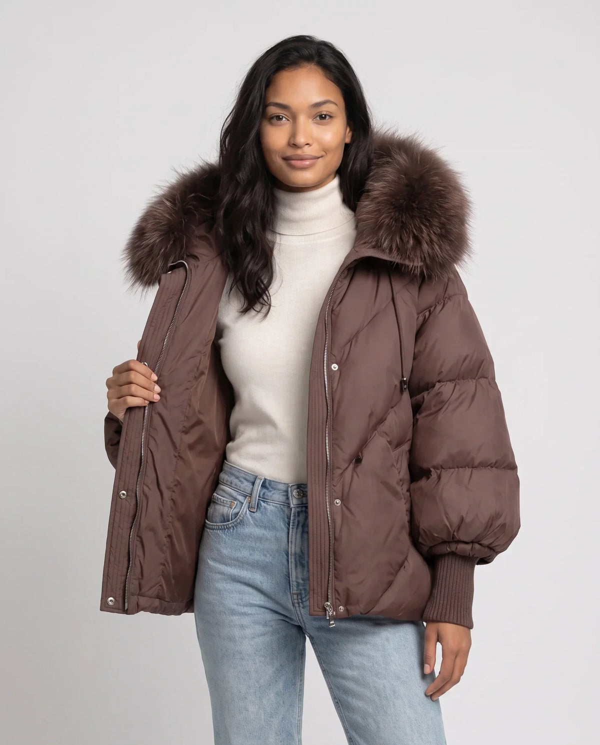 Short Oversized Puffer Jacket with Faux Fur Hood