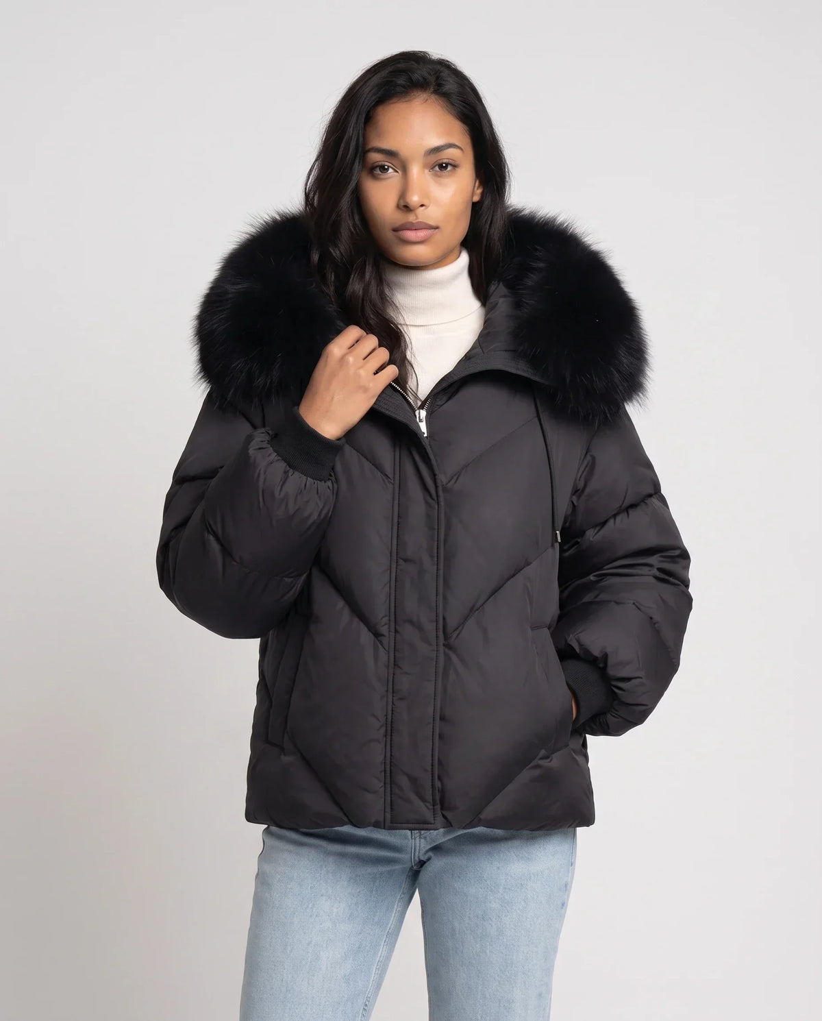 Short Oversized Puffer Jacket with Faux Fur Hood