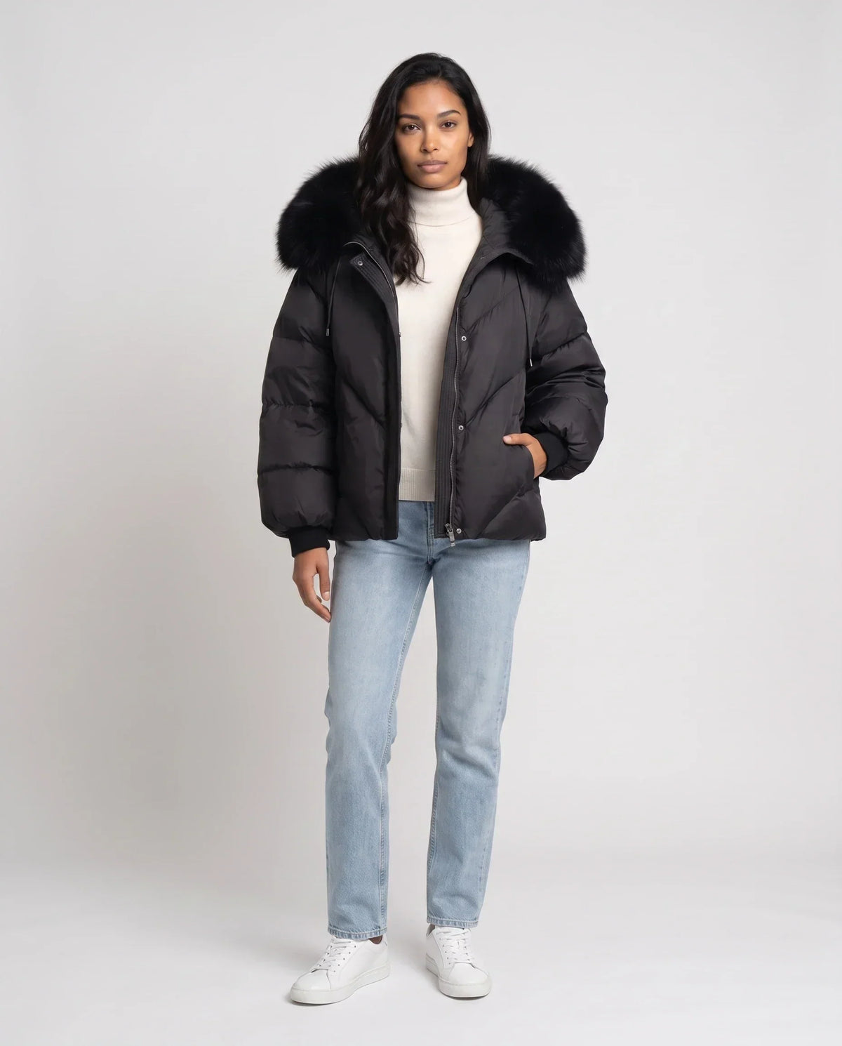 Short Oversized Puffer Jacket with Faux Fur Hood