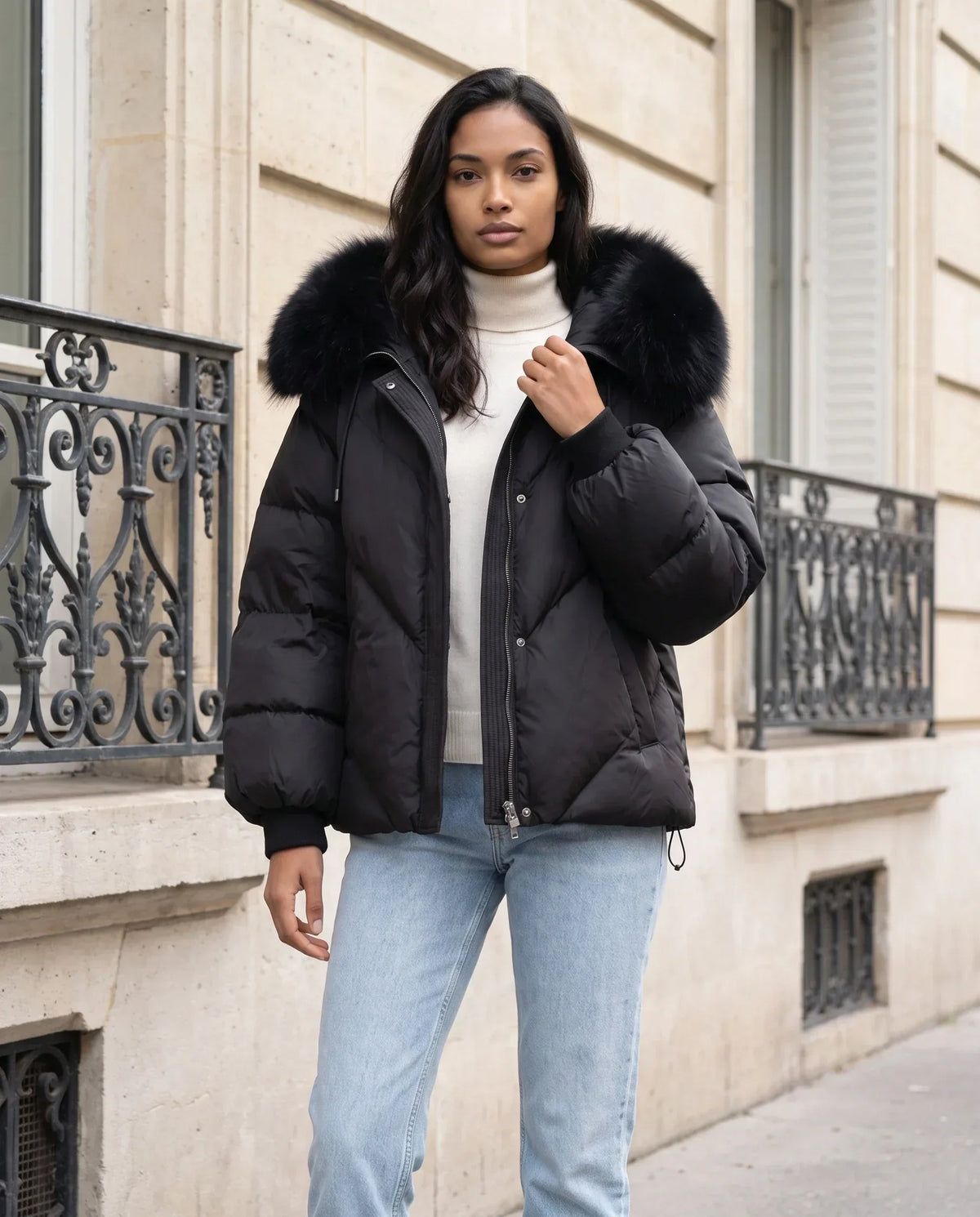 Short Oversized Puffer Jacket with Faux Fur Hood