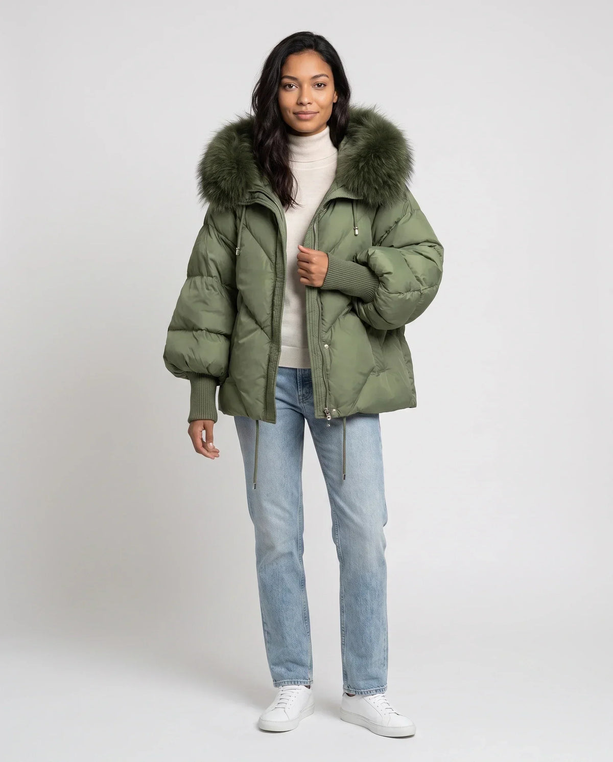 Short Oversized Puffer Jacket with Faux Fur Hood