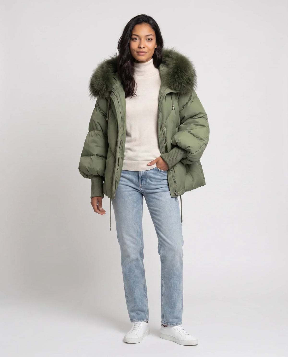 Short Oversized Puffer Jacket with Faux Fur Hood