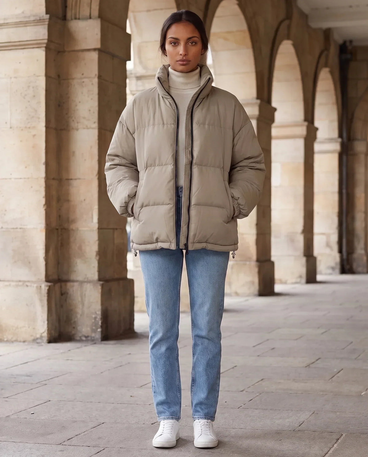 Short Oversized Puffer Jacket with Contrast Zip