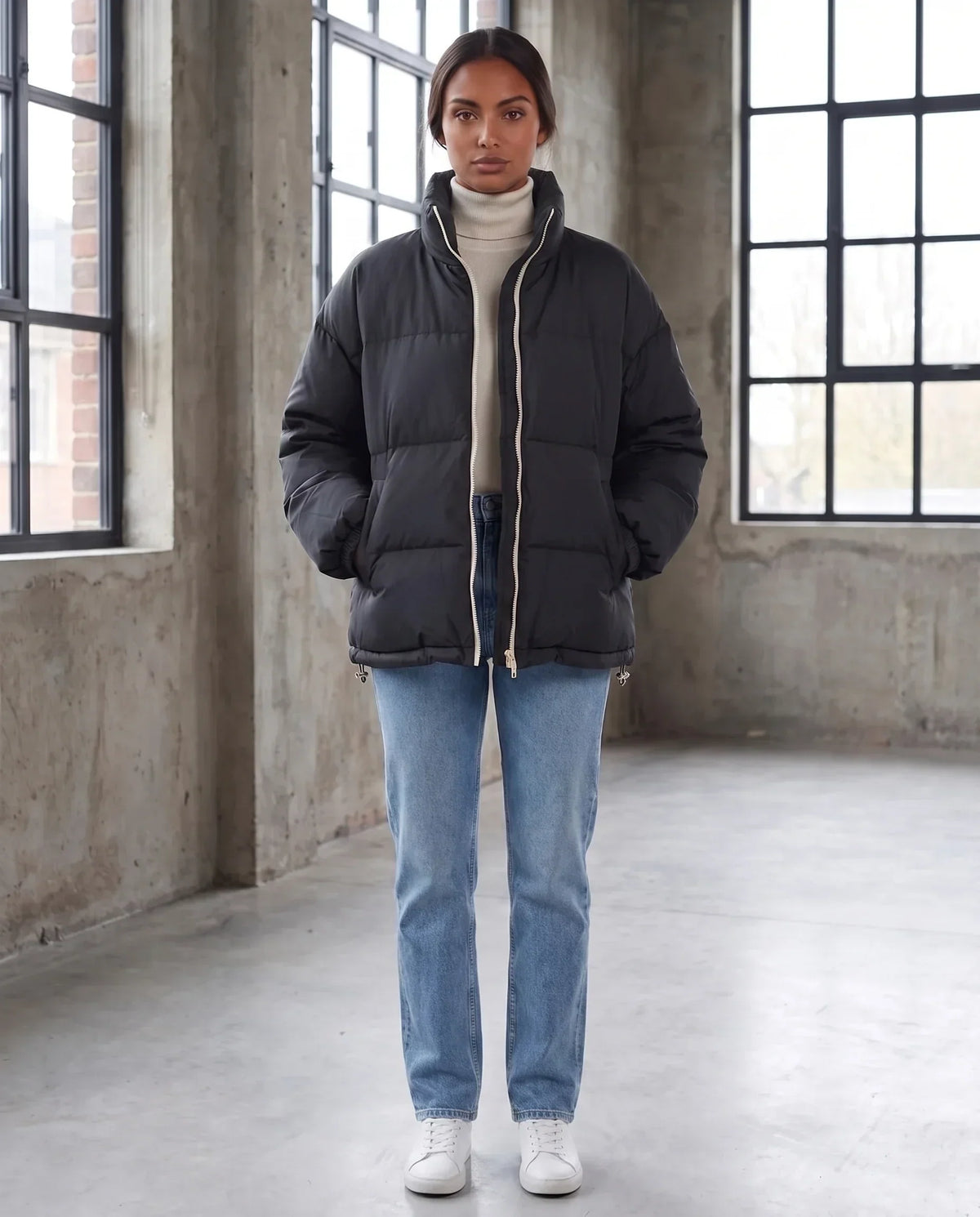 Short Oversized Puffer Jacket with Contrast Zip