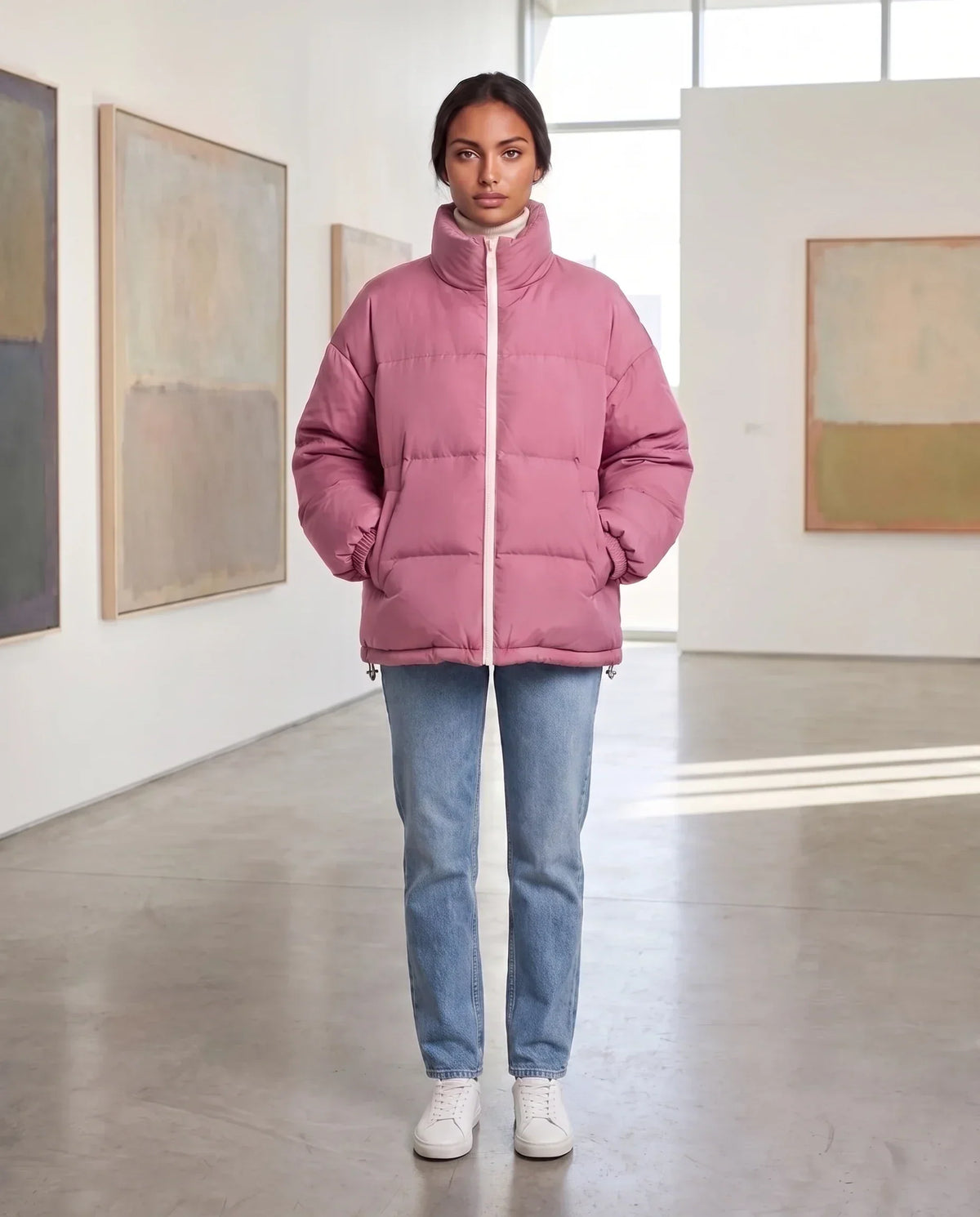 Short Oversized Puffer Jacket with Contrast Zip