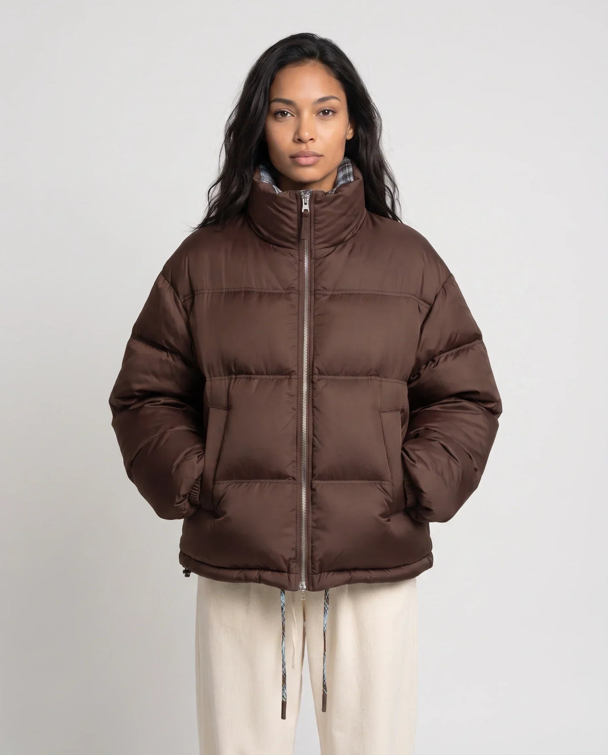 Short Reversible Puffer Jacket in Chocolate and Tartan