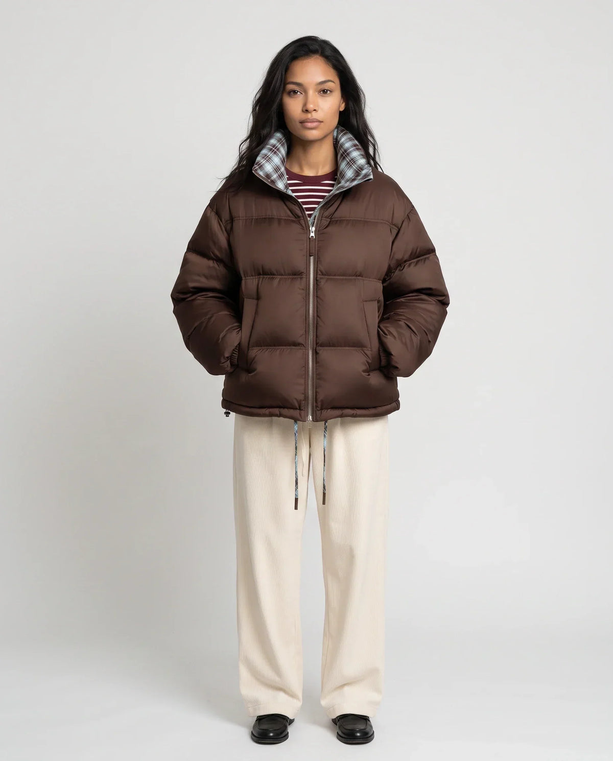Short Reversible Puffer Jacket in Chocolate and Tartan
