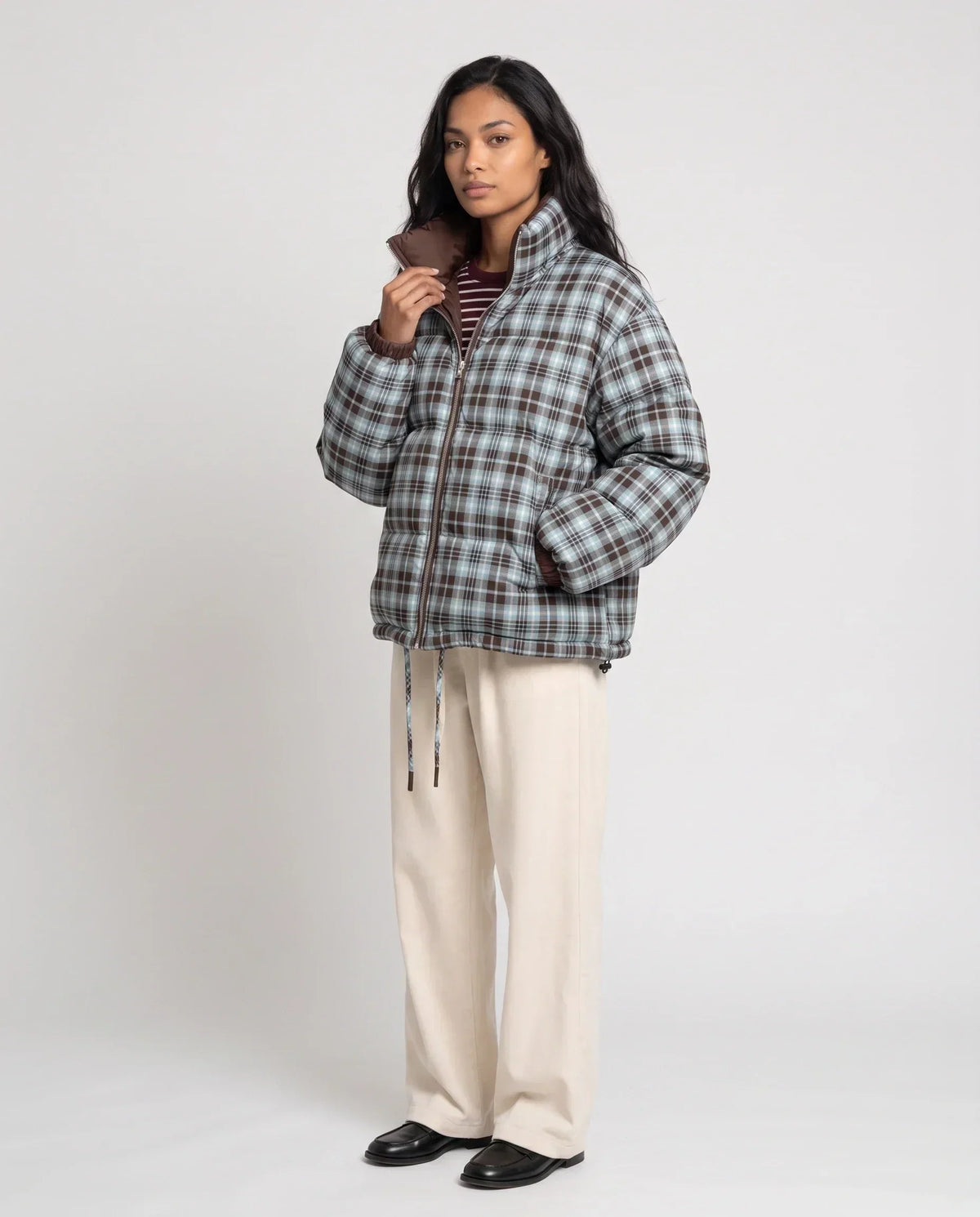 Short Reversible Puffer Jacket in Chocolate and Tartan
