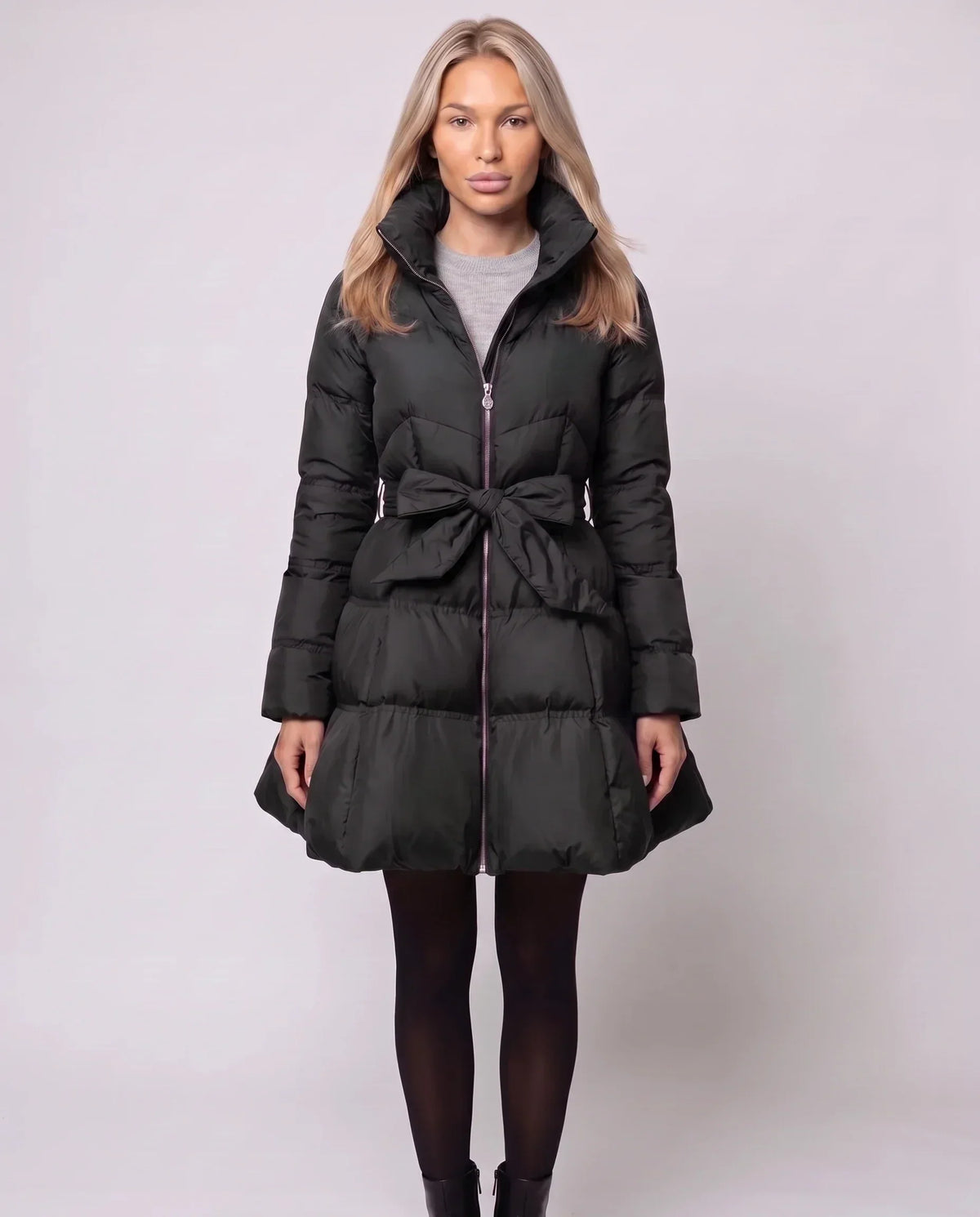 Fit-and-Flare Puffer Jacket with Tie Belt