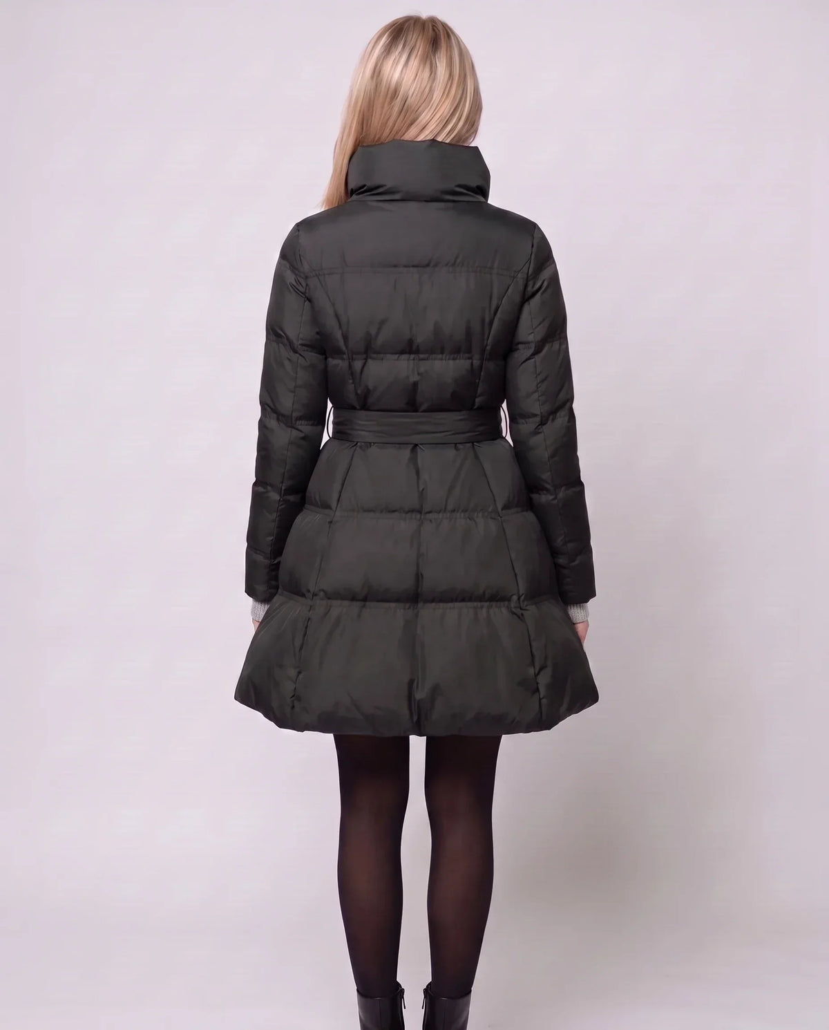 Fit-and-Flare Puffer Jacket with Tie Belt
