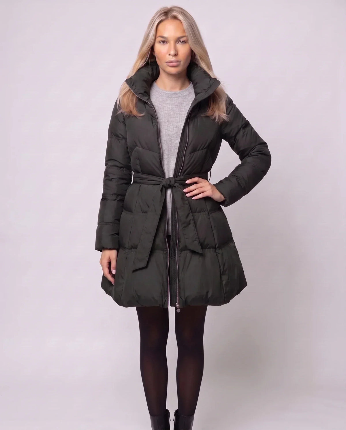 Fit-and-Flare Puffer Jacket with Tie Belt