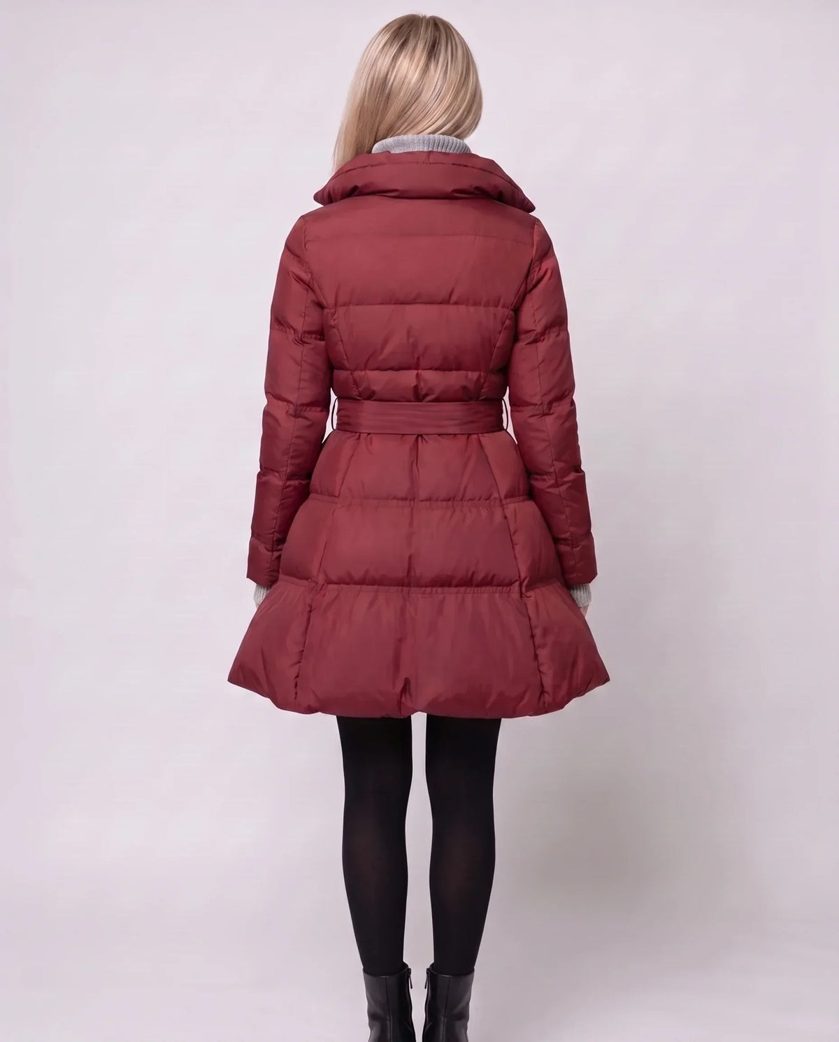 Fit-and-Flare Puffer Jacket with Tie Belt