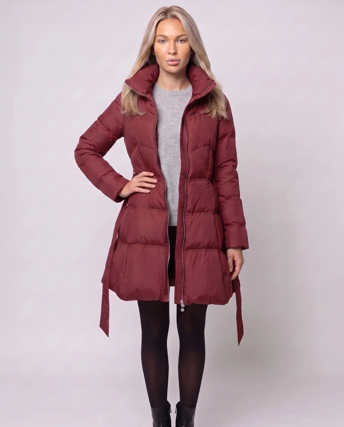 Fit-and-Flare Puffer Jacket with Tie Belt