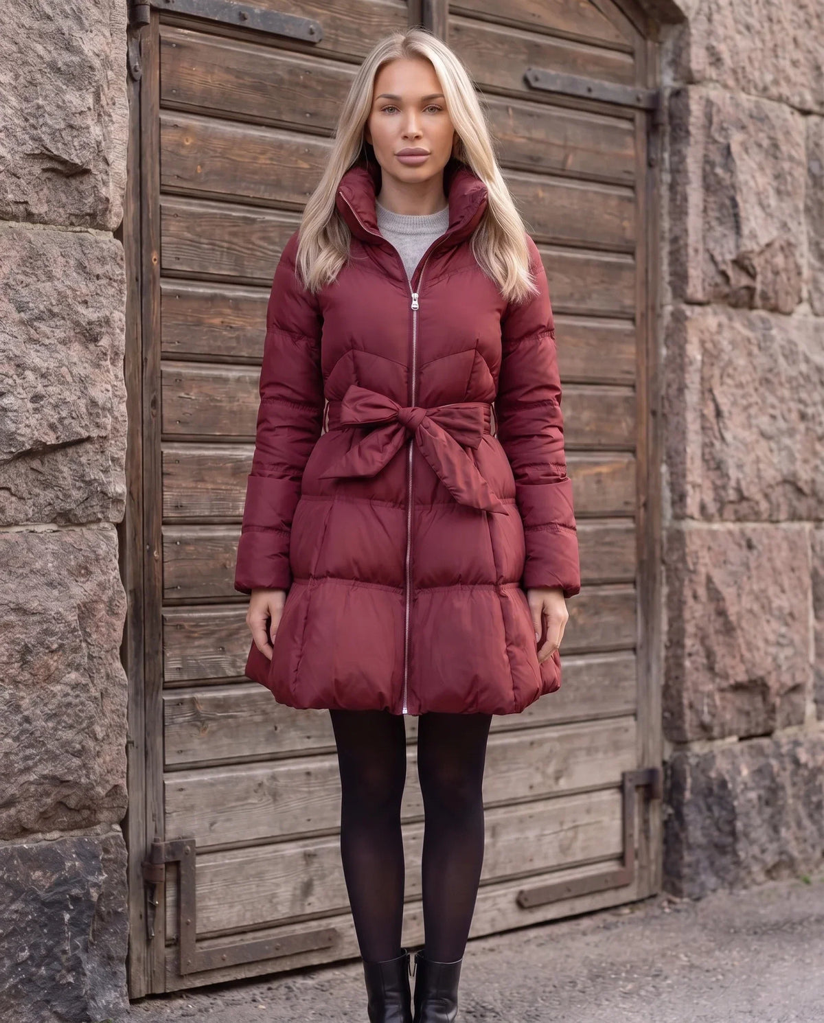 Fit-and-Flare Puffer Jacket with Tie Belt