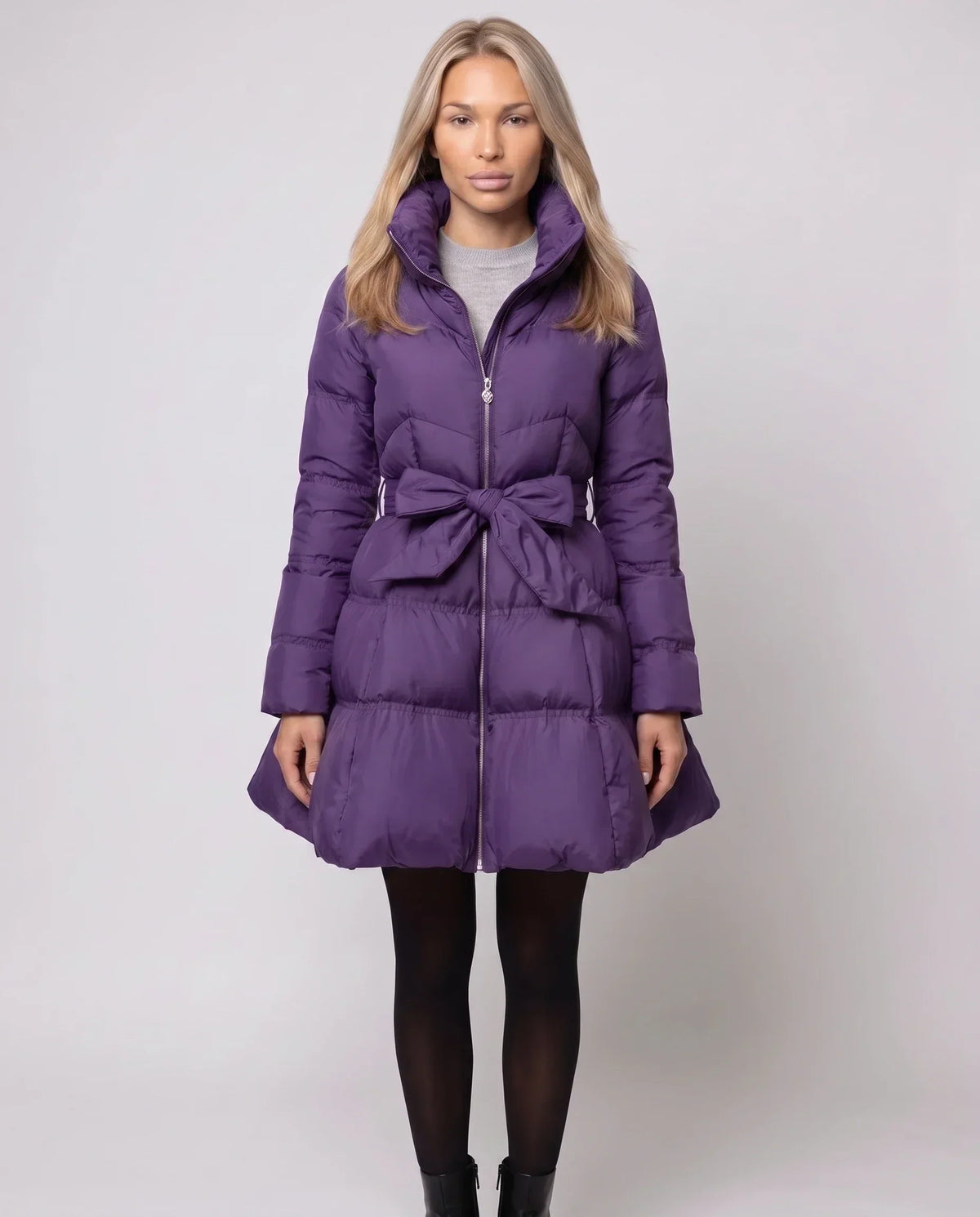 Fit-and-Flare Puffer Jacket with Tie Belt