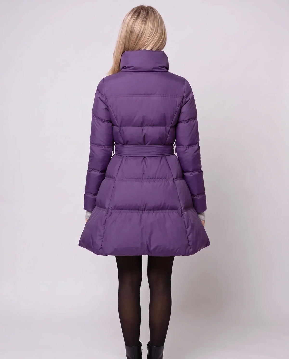Fit-and-Flare Puffer Jacket with Tie Belt