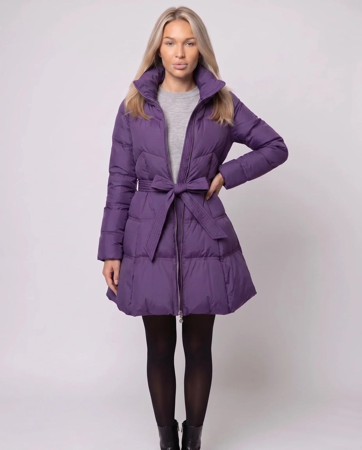 Fit-and-Flare Puffer Jacket with Tie Belt