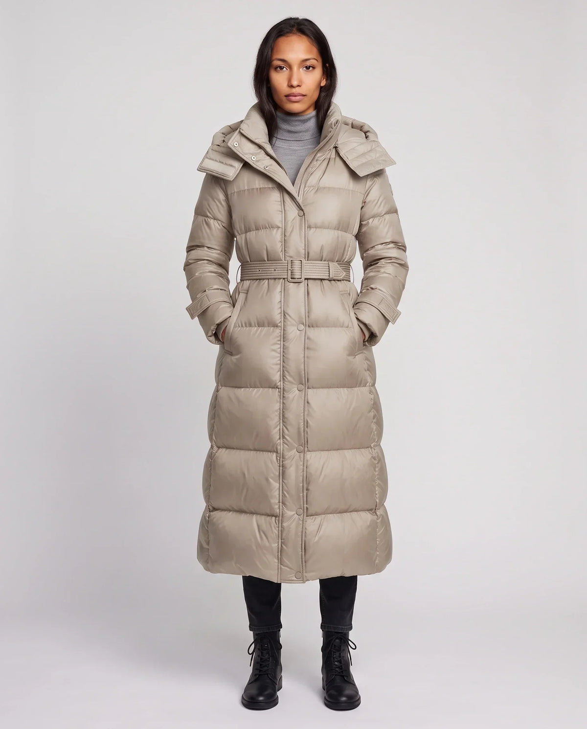 Extra-Long Shiny Hooded Puffer Jacket with Belt
