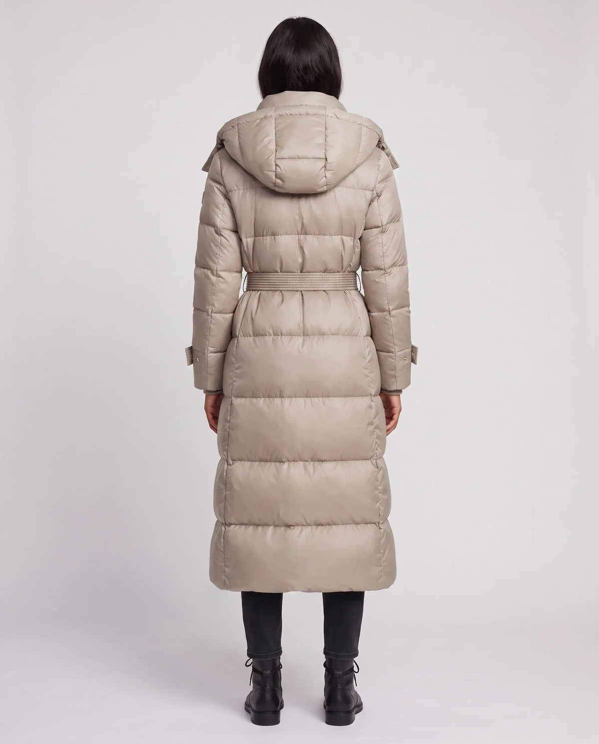 Extra-Long Shiny Hooded Puffer Jacket with Belt