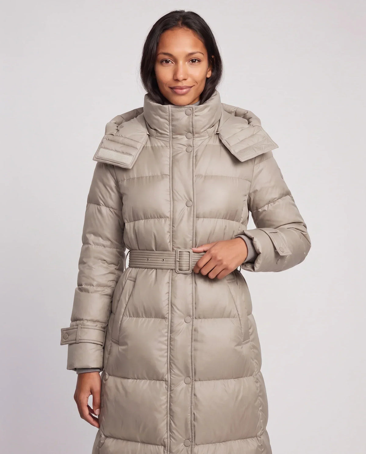 Extra-Long Shiny Hooded Puffer Jacket with Belt
