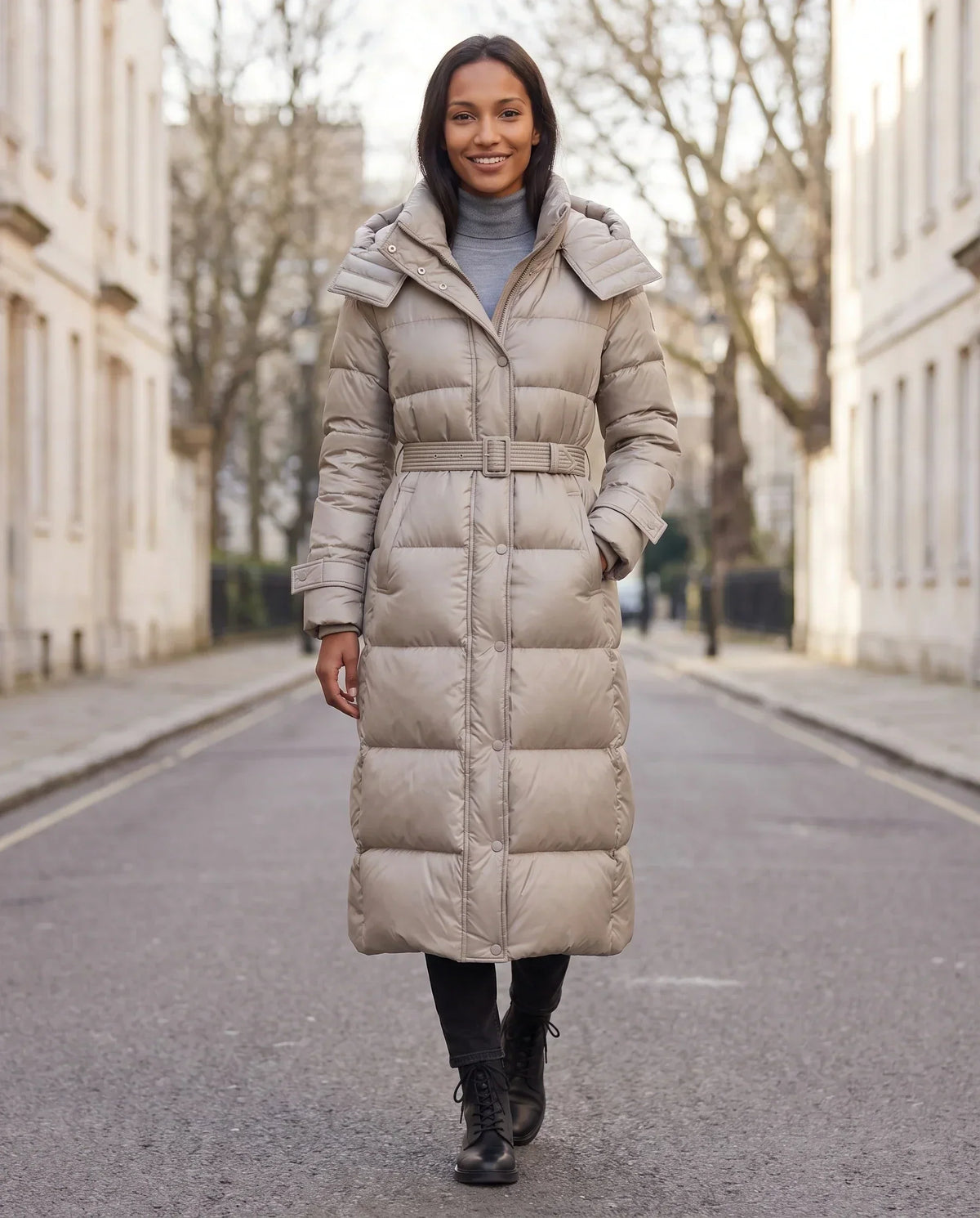 Extra-Long Shiny Hooded Puffer Jacket with Belt